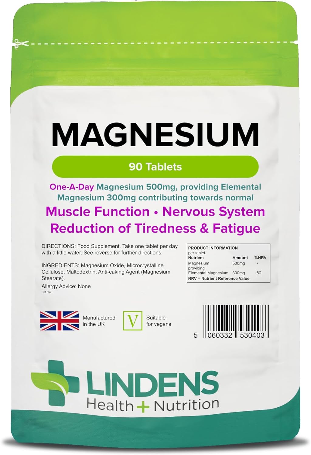 Lindens 500mg Magnesium Tablets | 90s 1-a-Day | UK Made | Tiredness, Muscle Function, Energy, Bones, Teeth, Nervous System | Letterbox Friendly | Vegan