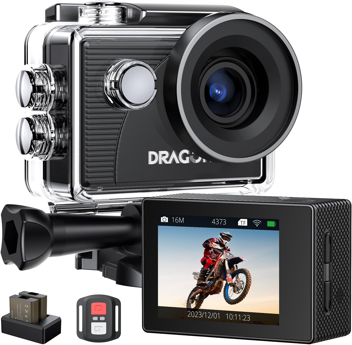 Dragon Touch Action Camera 4K 20MP 30FPS 100FT Waterproof Underwater Camera 170° Wide Angle WiFi Sports Cam with Remote 2 Batteries and Mounting Accessories Kit