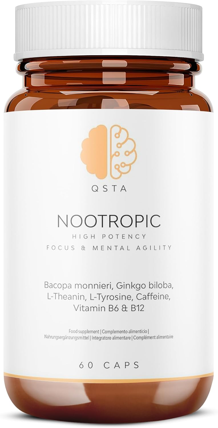 Nootropics Brain Supplements, High Potency Cognitive Enhancer for Energy, Focus, Brain Function, Mental Alertness & Memory with Bacopa Monnieri, Ginkgo, Tyrosine, Theanine, Caffeine, B6 & B12