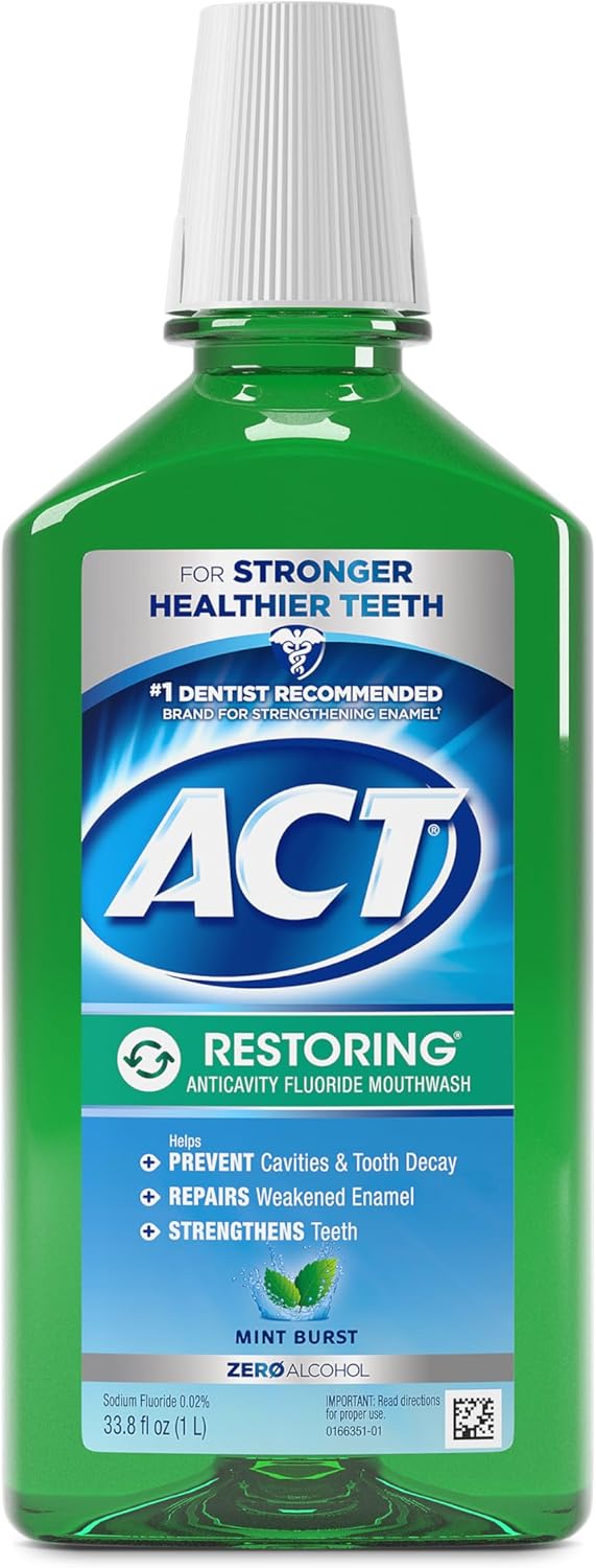 ACT Restoring Zero Alcohol Fluoride Mouthwash 33.8 fl. oz. Strengthens Tooth Enamel, Mint Burst