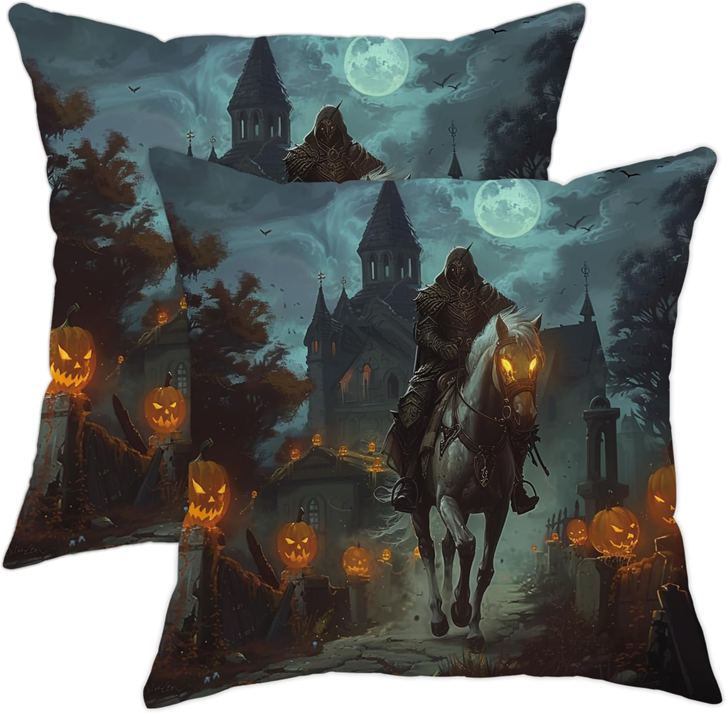 Halloween Pillow Covers Set of 2, Eerie Jack O Lantern Headless Horseman Throw Pillow Cases, Gothic Decorative Square Cushion Covers for Home Sofa Bed Couch 20x20 Inch