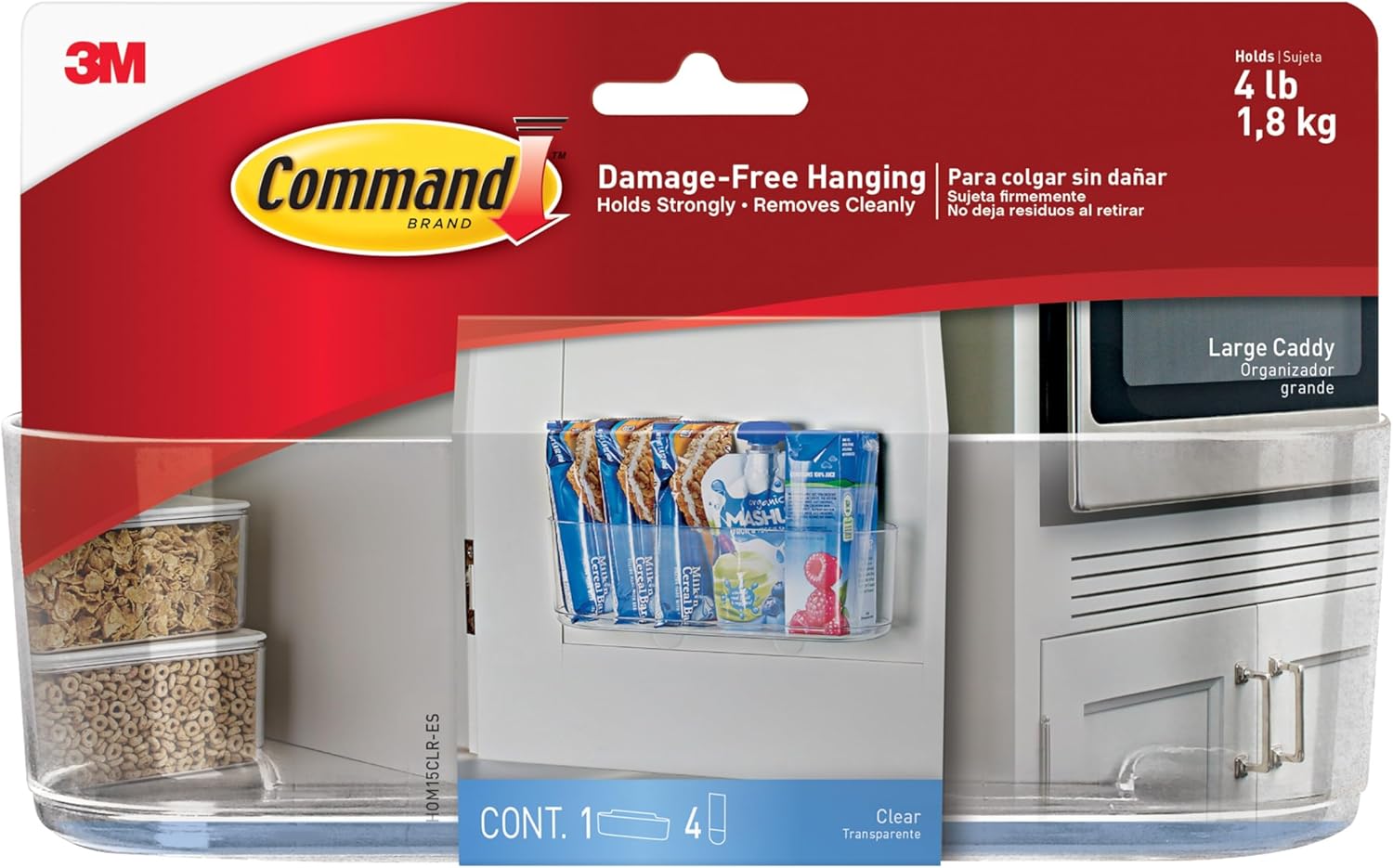 Command Large Caddy, Holds up to 4 lb, 8.6" x 3.1" x 3", 1 Caddy with 4 Strips, Damage-Free Organization Wall Mount to Cabinet, Kitchen, Pantry, Closet, or Under Sink