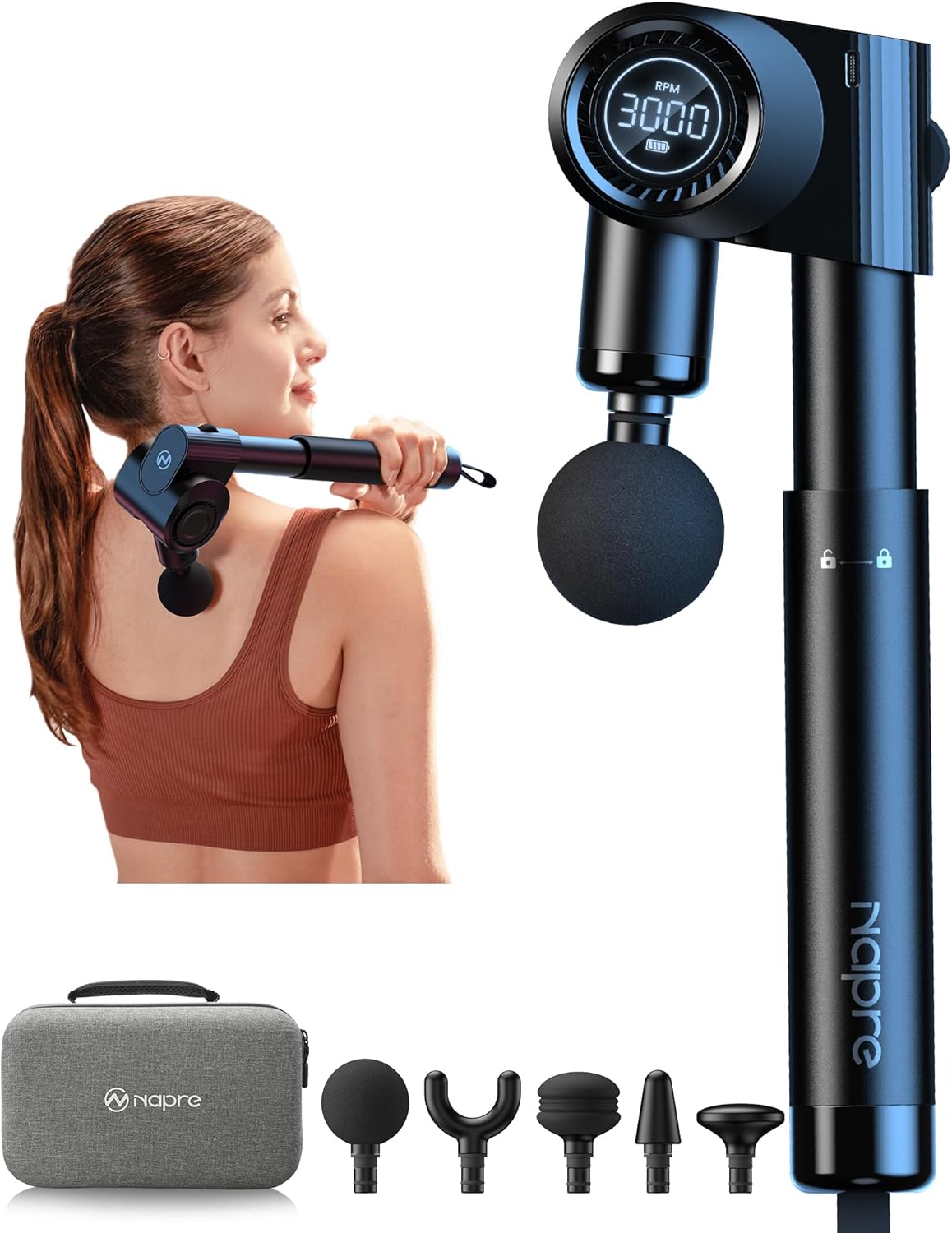 Napre Foldable Massage Gun Deep Tissue with 5 Adjustable Angles,Portable Percussion Back Massager for Muscle/Neck/Body Pain Relief with Long Extension Metal Handle, 32-Speed Levels, with Carrying Case