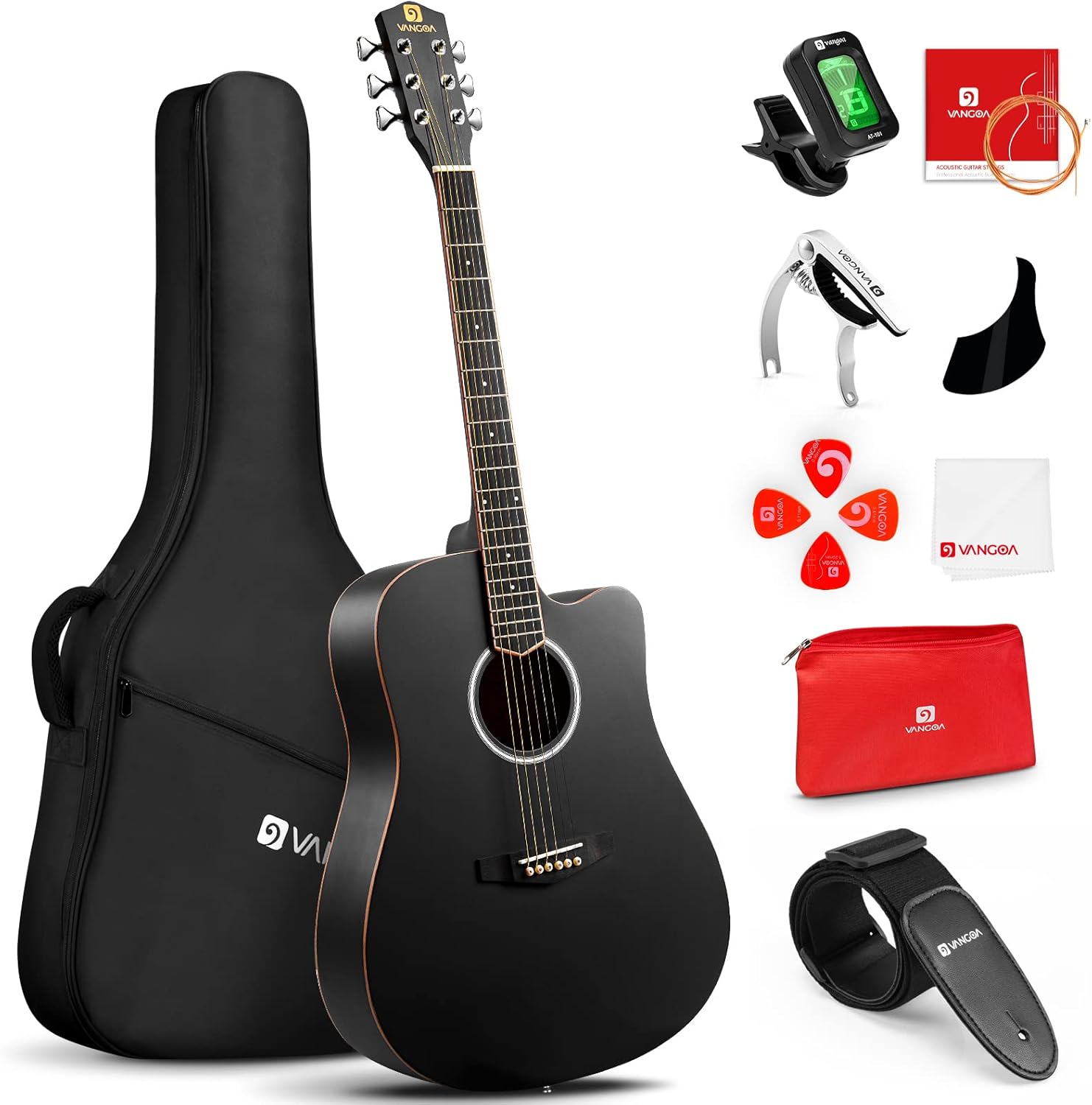 Vangoa 4/4 Acoustic Guitar Beginner Set Adult Full Size Cutaway Folk Guitar Starter Kit 41 inches with Gig Bag, Picks, Strings, Capo, Tuner, Strap, Pickguard, Black
