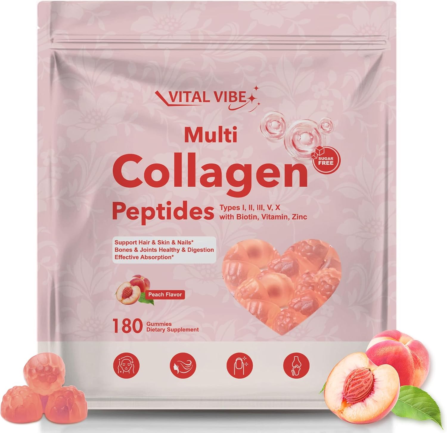 Collagen Peptide Gummies for Women & Men, Multi Collagen Hydrolyzed w/ 1500mg Protein Type I,II,III,V,X, 5000mcg Biotin, Methylated B12, Vitamin C A E D3 B6 for Skin Hair Nails, Bone, 180Cts