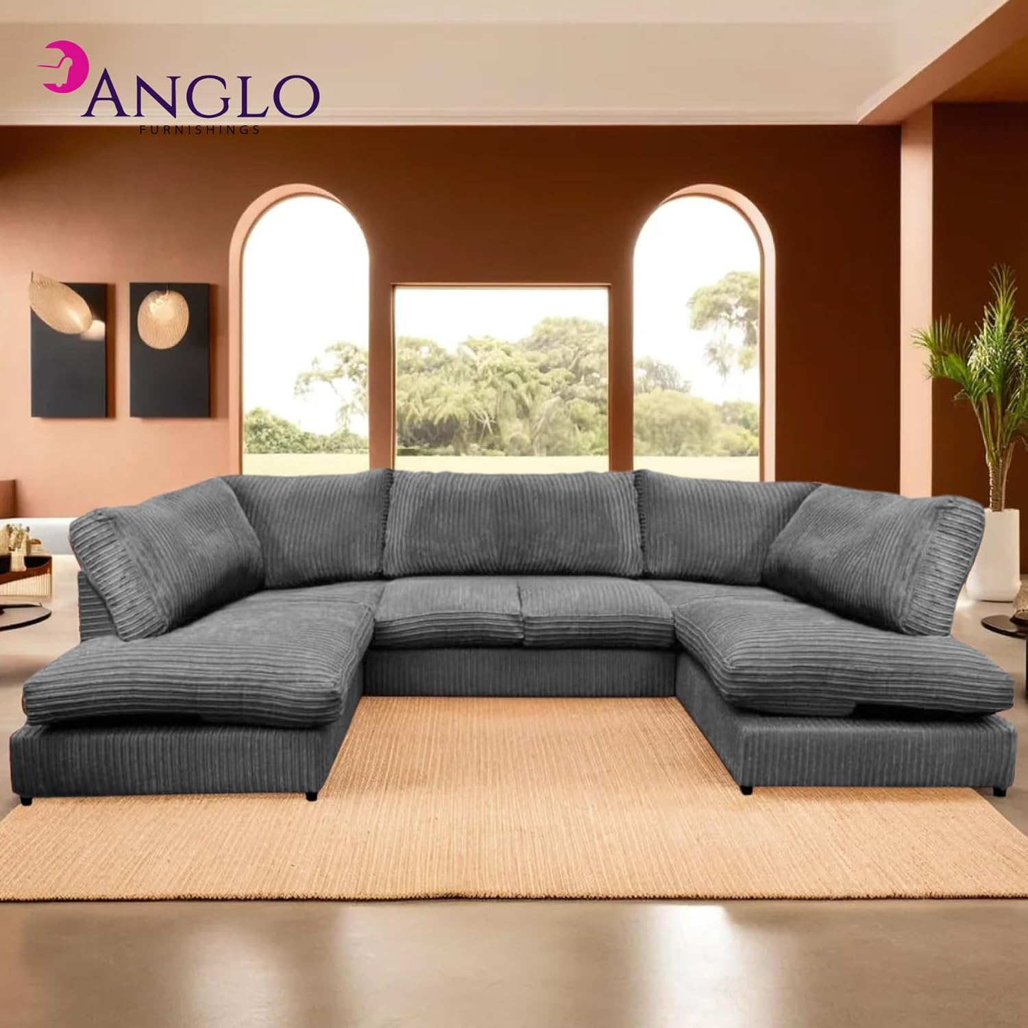 Generic U Shaped Cord Sofa - Back Cushion Sofa with Memory Foam Seating & Removable Covers - Versatile for Living Room, Bedroom, Office (Grey, Full Back)