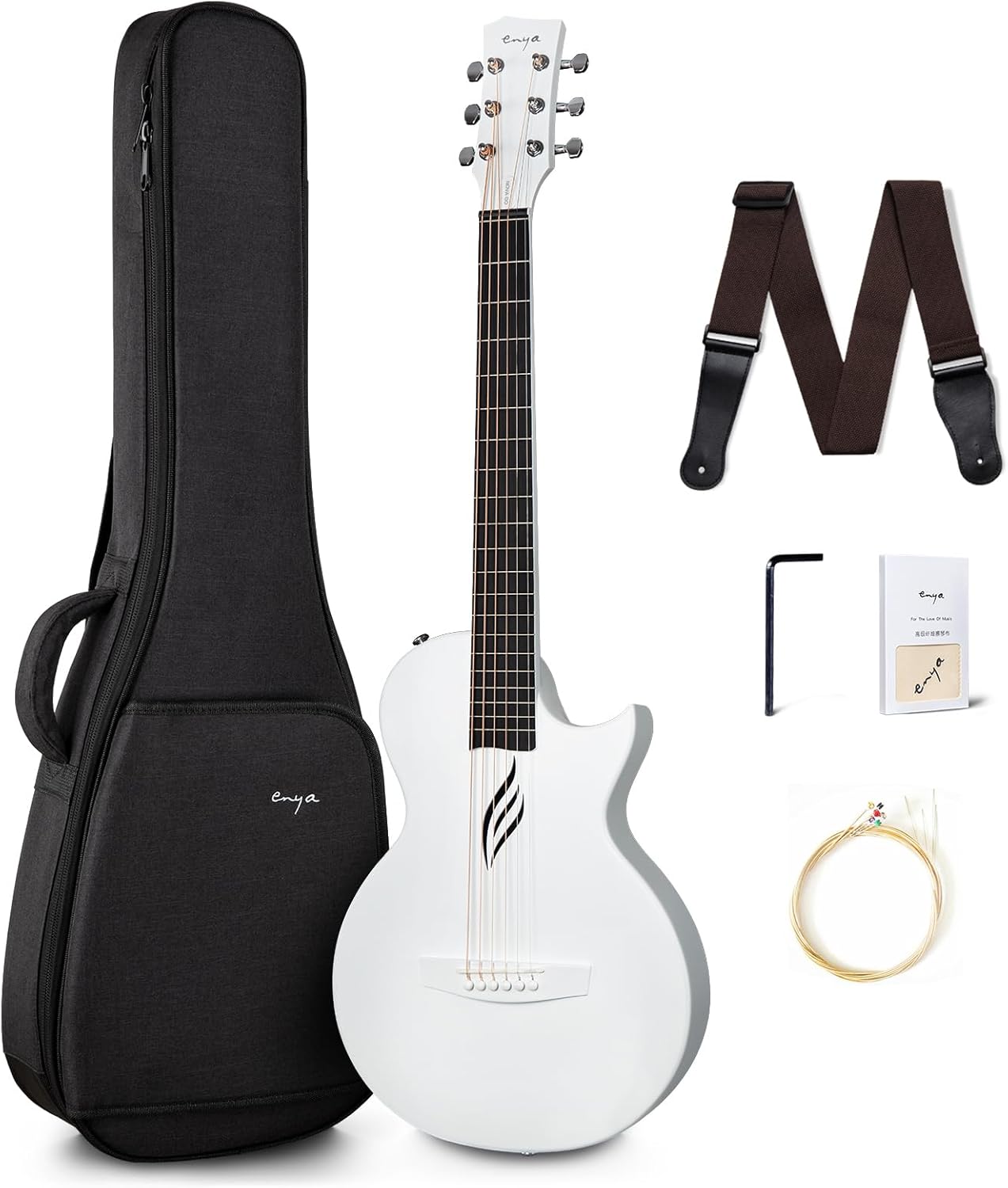 E Nya Nova Go Carbon Fiber Acoustic Guitar 1/2 Size Beginner Adult Travel Acustica Guitarra w/Starter Bundle Kit of Colorful Gift Packaging, Strap, EVA Case, Cleaning Cloth(White) (NOVA GO WH)