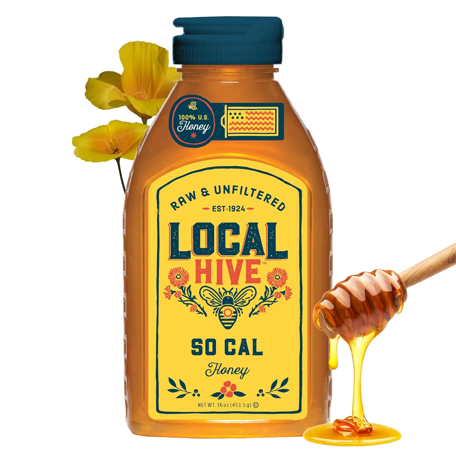 Local Hive Southern California Raw Unfiltered Honey – 16 oz, 100% Pure US Honey, Sourced from American Bees and Beekeepers - Natural Sweetener, Ideal for Tea, Baking, and Cooking