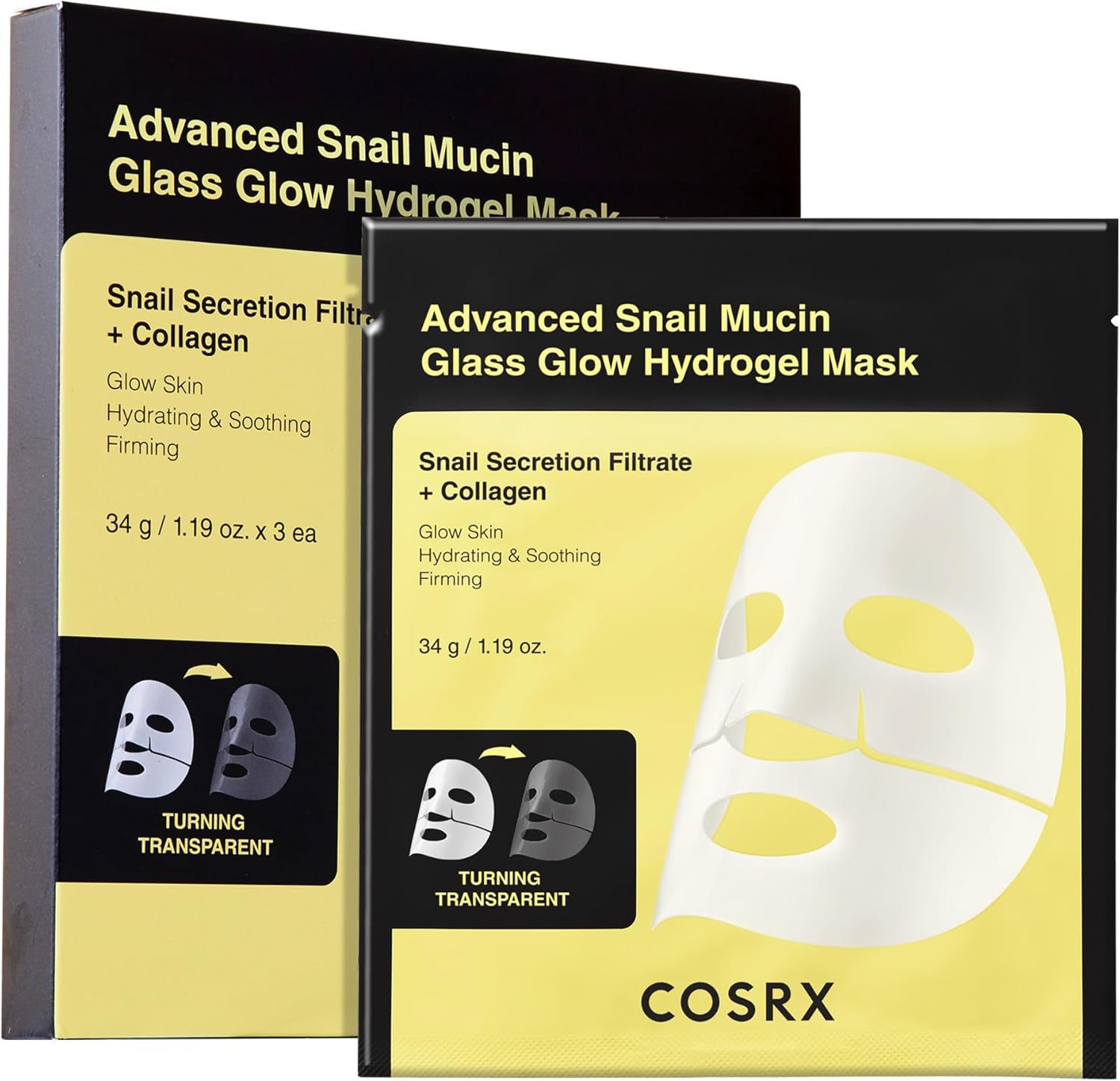 COSRX Advanced Snail Mucin Glass Glow Hydrogel Face Masks Skincare, Collagen Mask, Overnight Peel Off Korean Face Mask for Hydration Boost, Glass Skin Face Mask Korean Skincare, Pack of 3