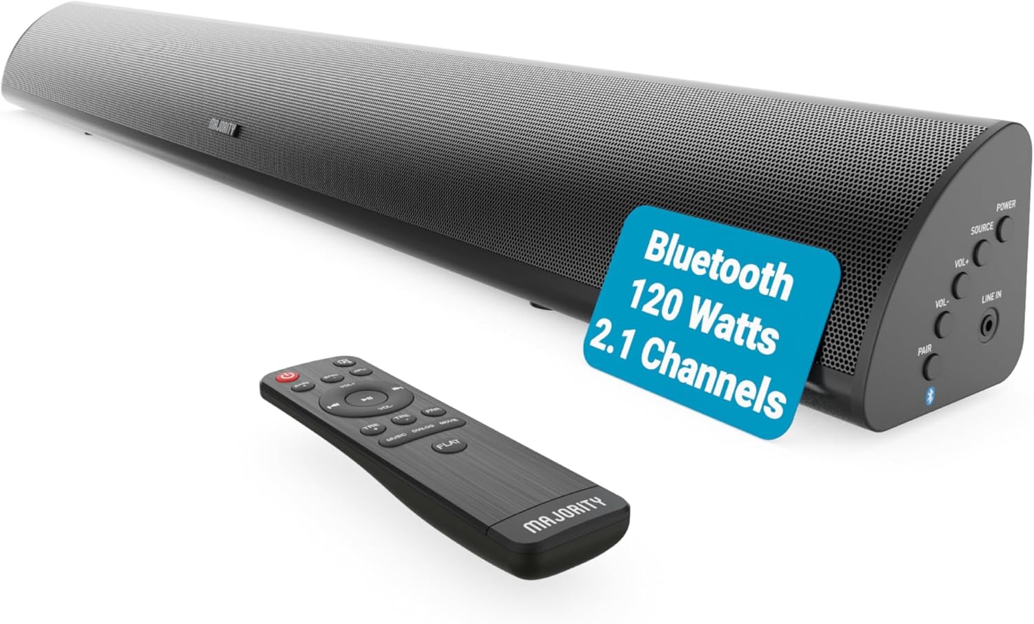 MAJORITY Bluetooth Sound Bar for TV | Built-in Subwoofer, 120 Watts 2.1 Channel Sound | RCA, Optical, and AUX Connection | Wall Mountable, Remote Control | Snowdon TV Soundbar