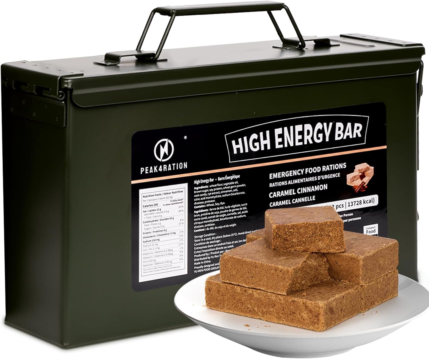 PEAK4RATION High Energy Bar | Emergency Ration Biscuits - Caramel Cinnamon 13728kcal 3kg(12x250g Metal Box) | Long Shelf-Life Compressed Biscuits 12 Days Supply(250g/Day) Compact MRE Food Ration Bar