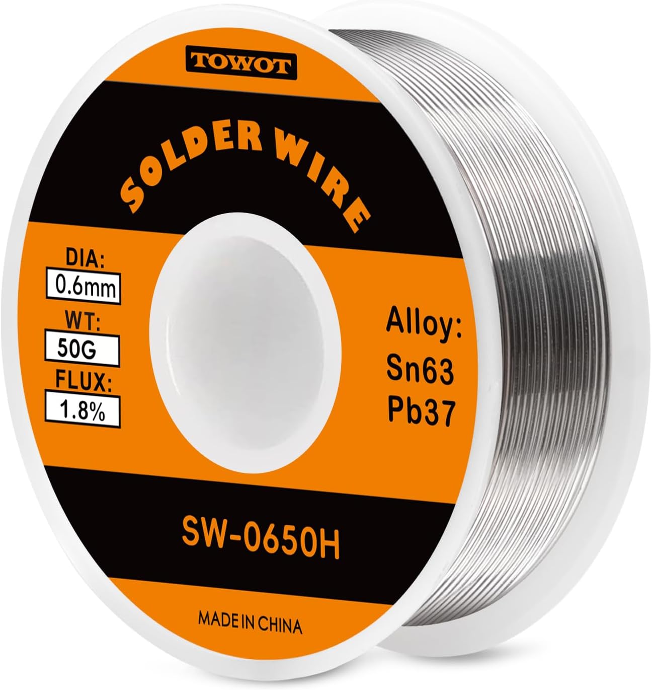 TOWOT 63-37 High Purity Tin Lead Rosin Core Solder Wire for Electrical Soldering, Content 1.8% Solder Flux (0.6mm, 50g)