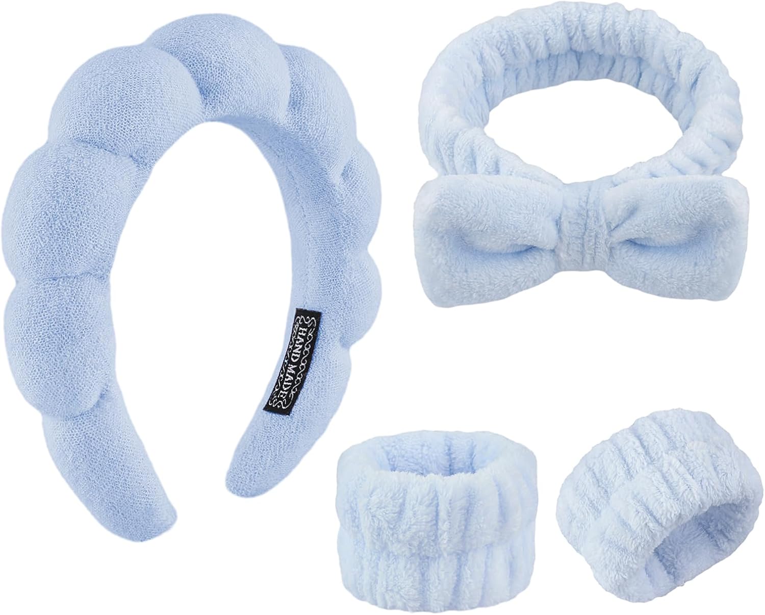 Spa Headband for Washing Face, Skincare Headbands for Women Makeup, Terry Cloth Towel Hairband for Skincare, Sponge Puffy Make Up Hair Band for Women, Face Washing Wristband Pack of 4 (Blue)
