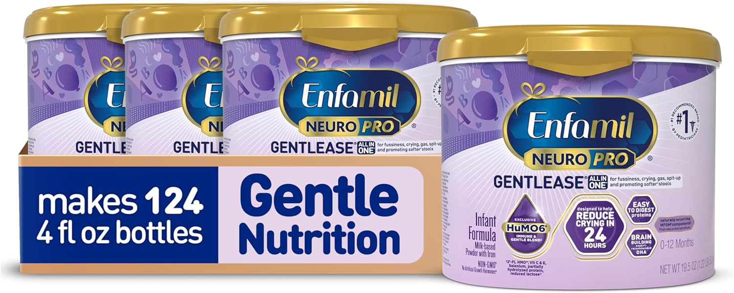 Enfamil NeuroPro Gentlease Baby Formula, Brain Building DHA, HuMO6 Immune Blend, Designed to Reduce Fussiness, Crying, Gas & Spit-up in 24 Hrs, Baby Milk, 19.5 Oz, Pack of 4