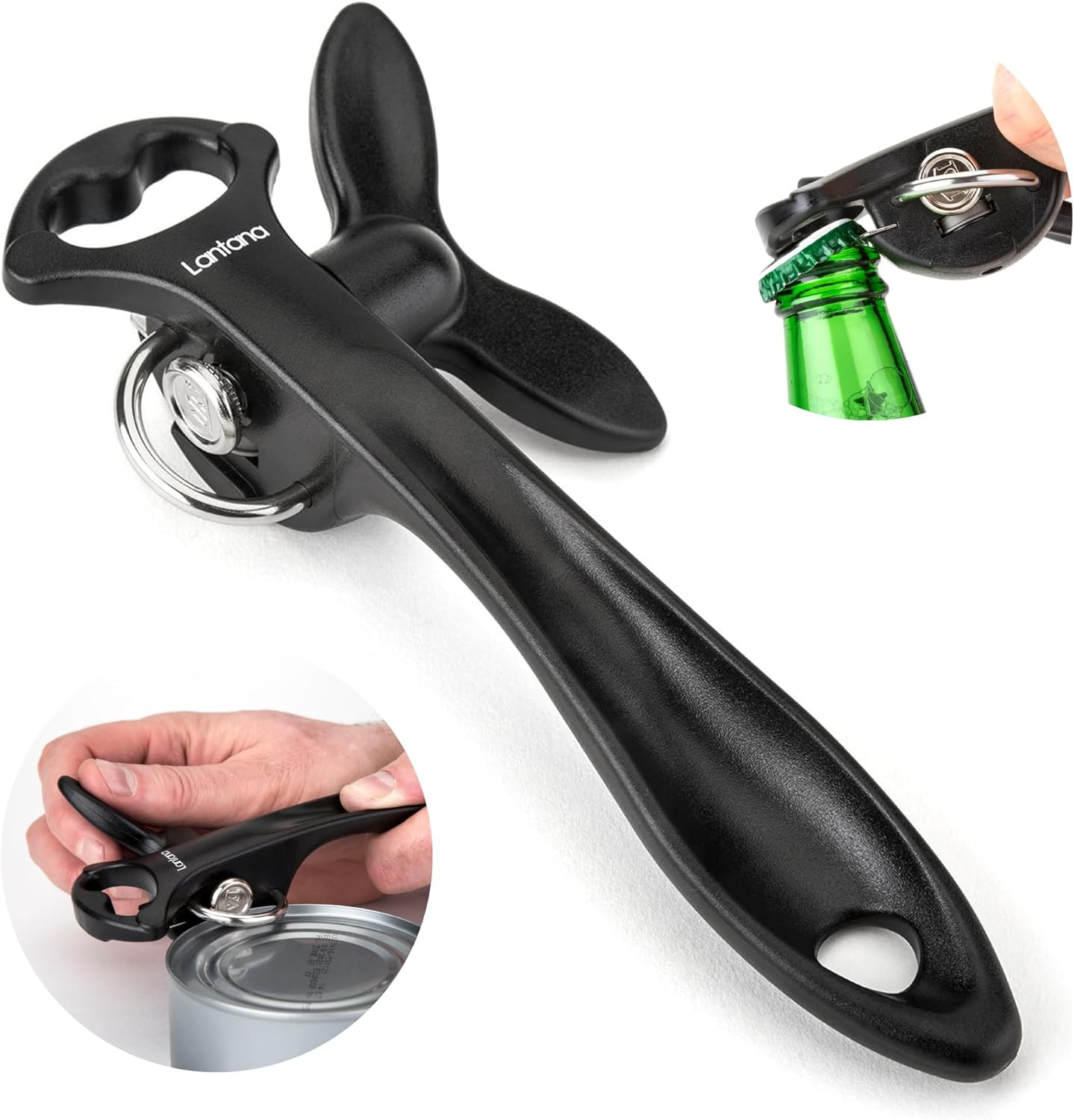 Lantana Can Opener (Smooth Edge) with Bottle Cap Lifter - Hand Held Manual Safety Tin Opener - Black/Stainless Steel