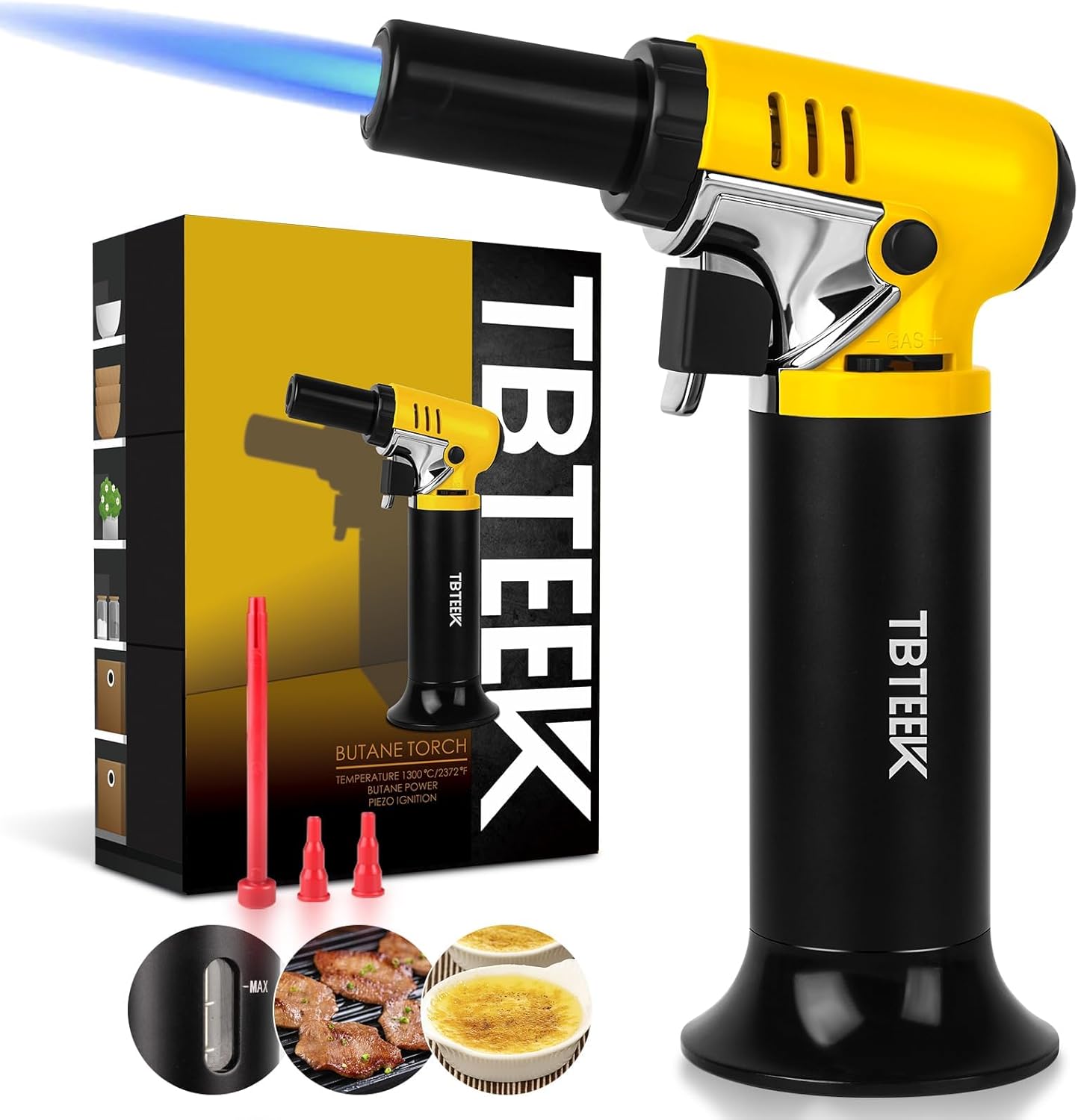 TBTeek Butane Torch with Fuel Gauge T907, One-hand Operation Kitchen Torch Lighter with Adjustable Flame for BBQ, Baking, Brulee Creme, Crafts and Soldering(Butane Gas Not Included)