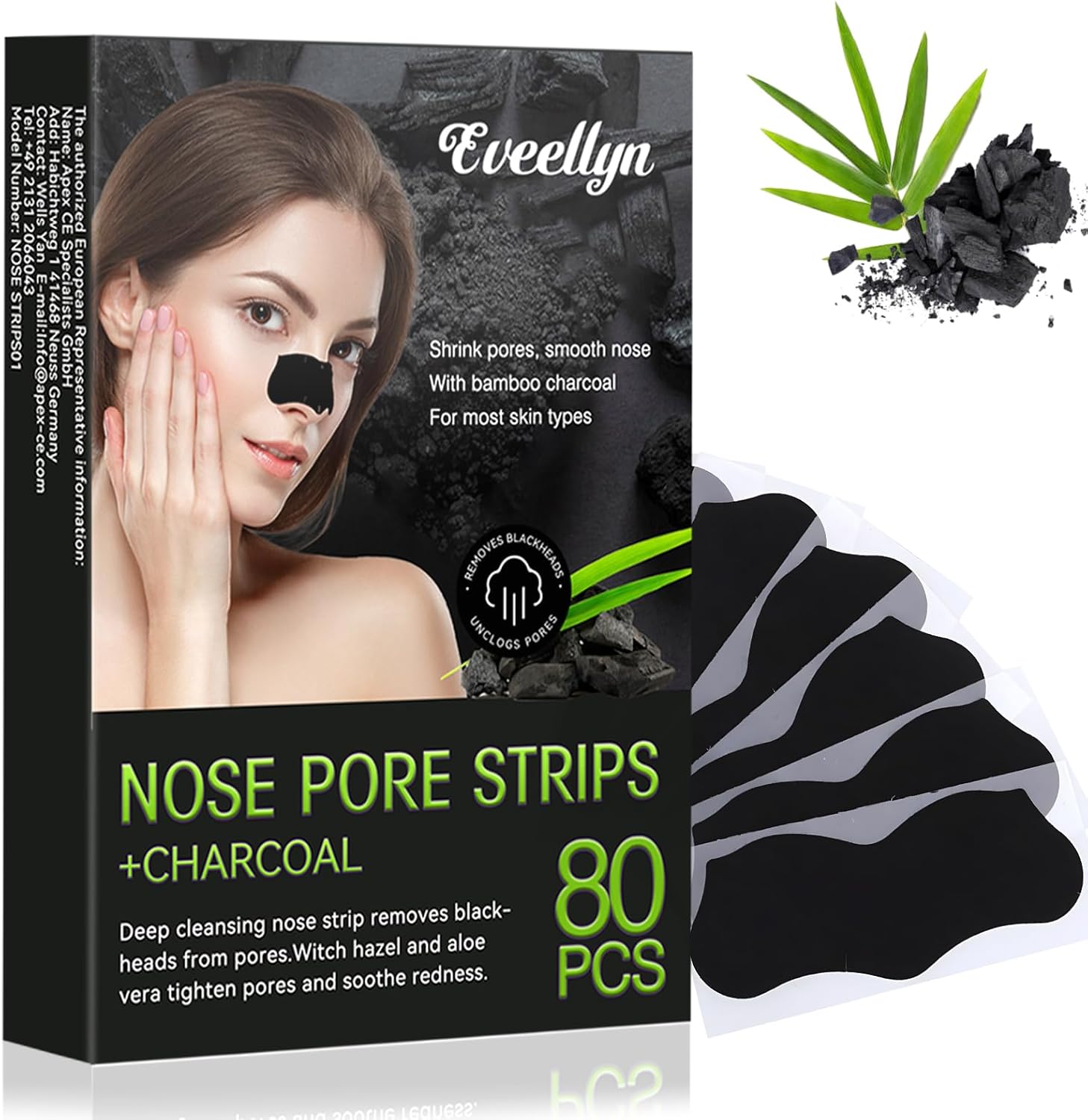 Eveellyn Blackhead Remover Strips, 80 Pcs pore strips, Pore Strips for Blackheads, Charcoal Deep Cleansing Blackhead Remover Strips for Women Men