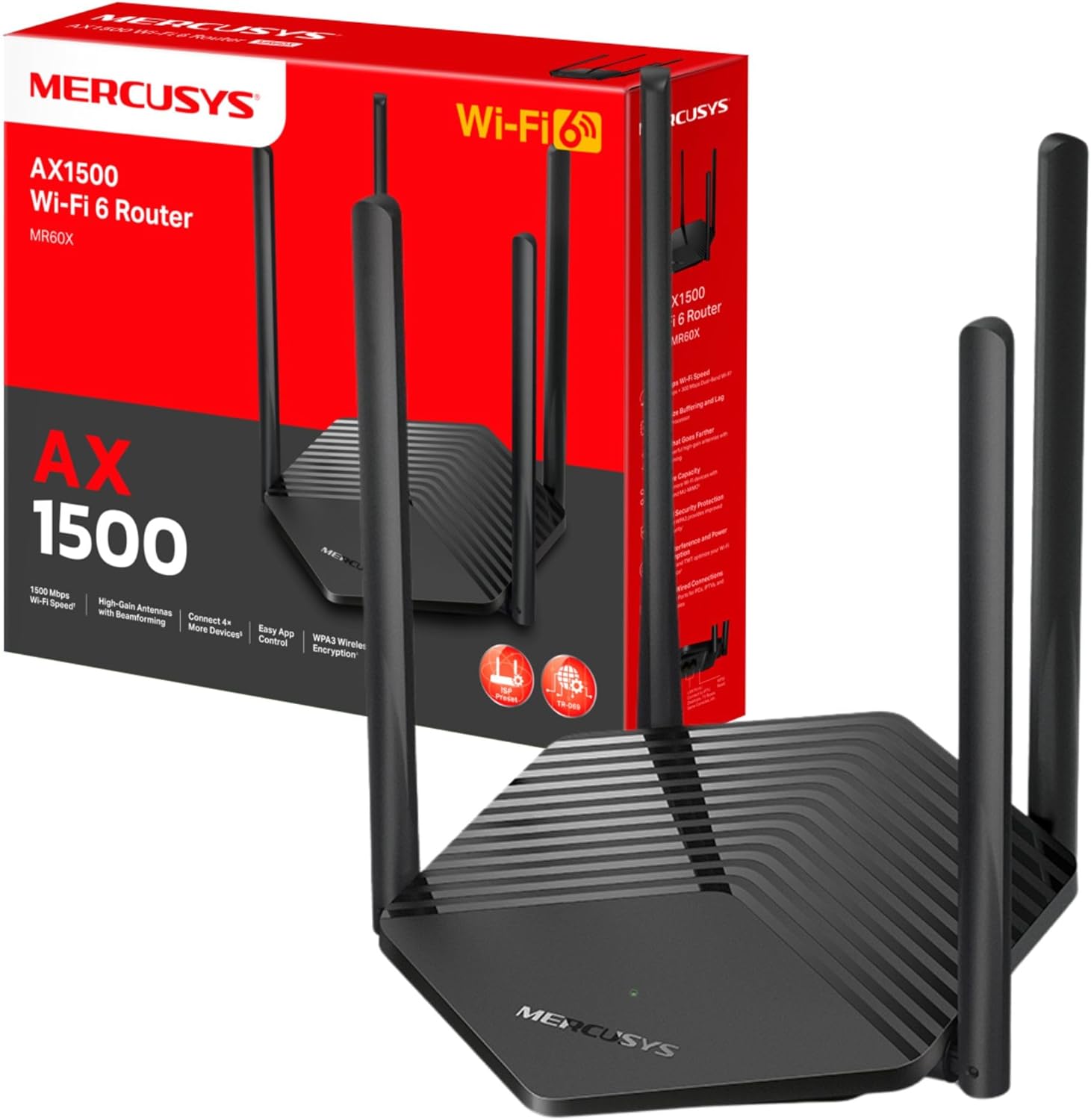 MERCUSYS MR60X Router WiFi 6 AX1500Mbps, Gigabit Ethernet Ports, TP-Link WiFi Router, Overall Security Protection, Easy Setup, Internet Booster, Power Saving, App Control