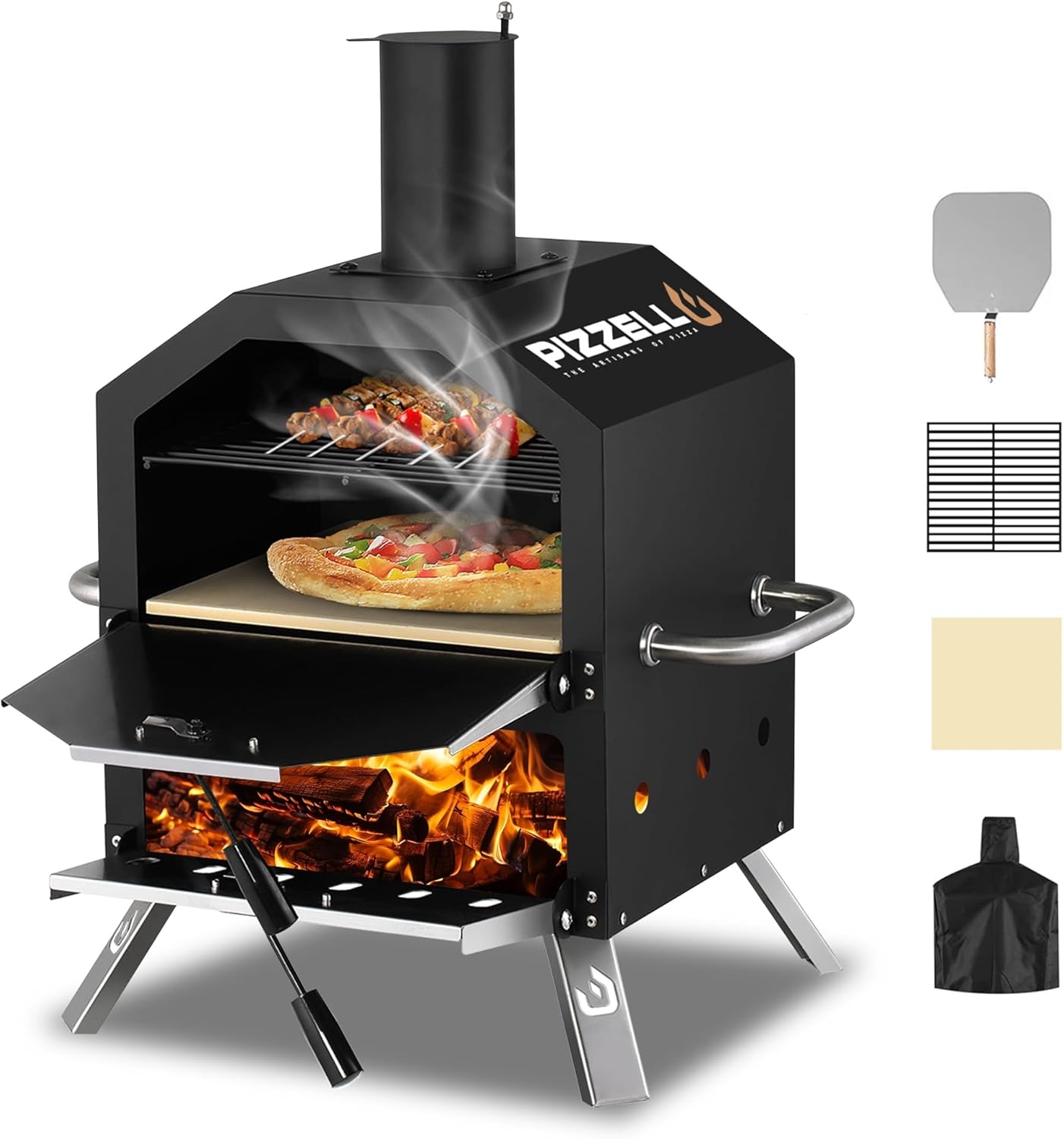 Outdoor Pizza Oven Wood Fired 2-Layer Pizza Ovens Outside Pizza Maker with Stone, Pizza Peel, Cover,Removable Cooking Rack for Camping Backyard BBQ (Black)