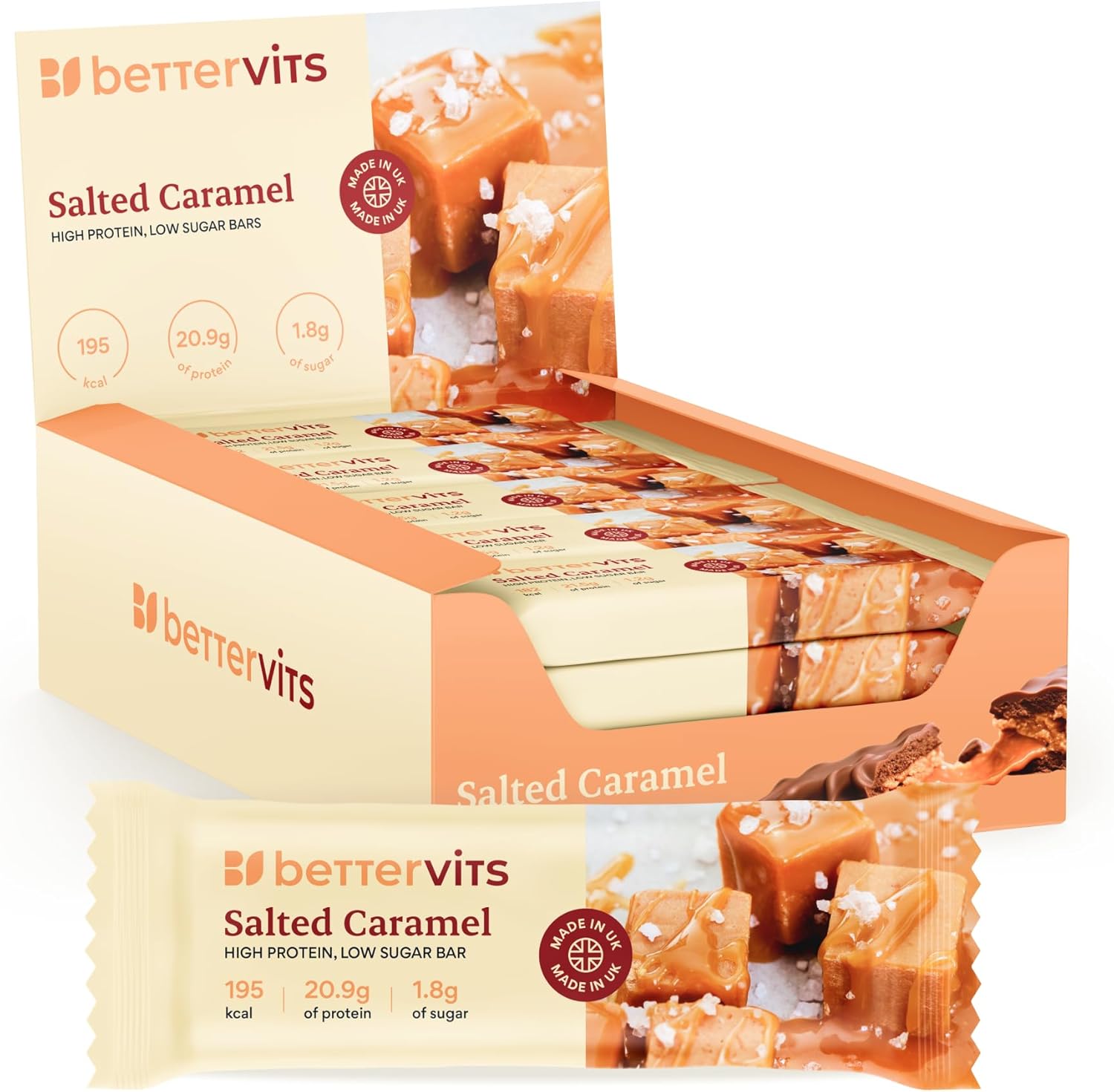 Bettervits Protein Bars 12 Pack - Low Calorie | High Protein 20.9g Energy Bars | Low Sugar Protein Snacks for Gym & Fitness | Just 195 Calories - UK Made | Salted Caramel