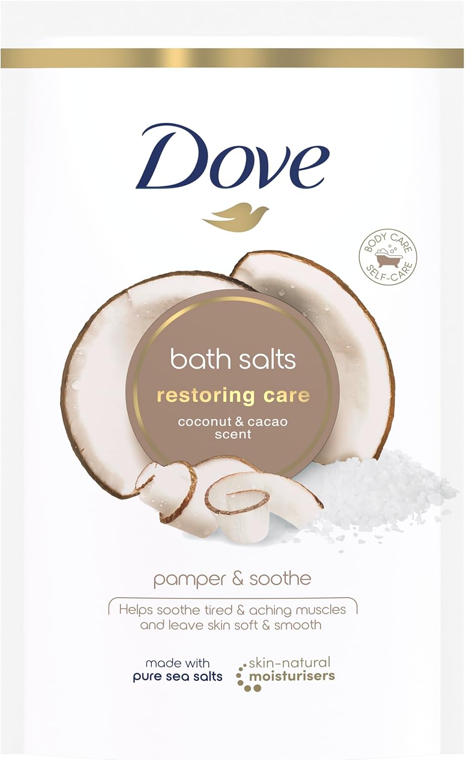Dove Restoring Care Coconut & Cacao Bath Salts with skin-natural moisturisers to relax your mind & body, leaving your skin smooth & soft 900 g
