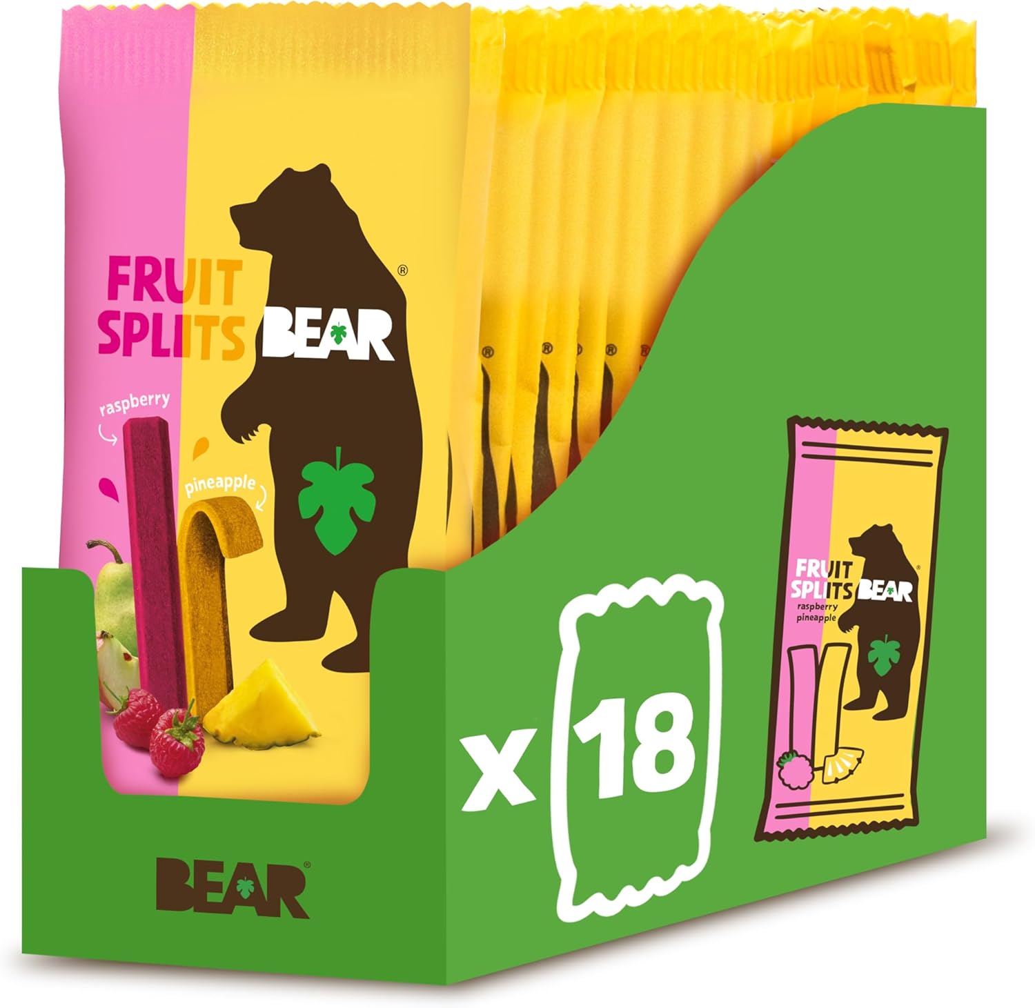 BEAR Pineapple & Raspberry FRUIT SPLITS - Delicious Real Fruit - Healthy - 18 packs