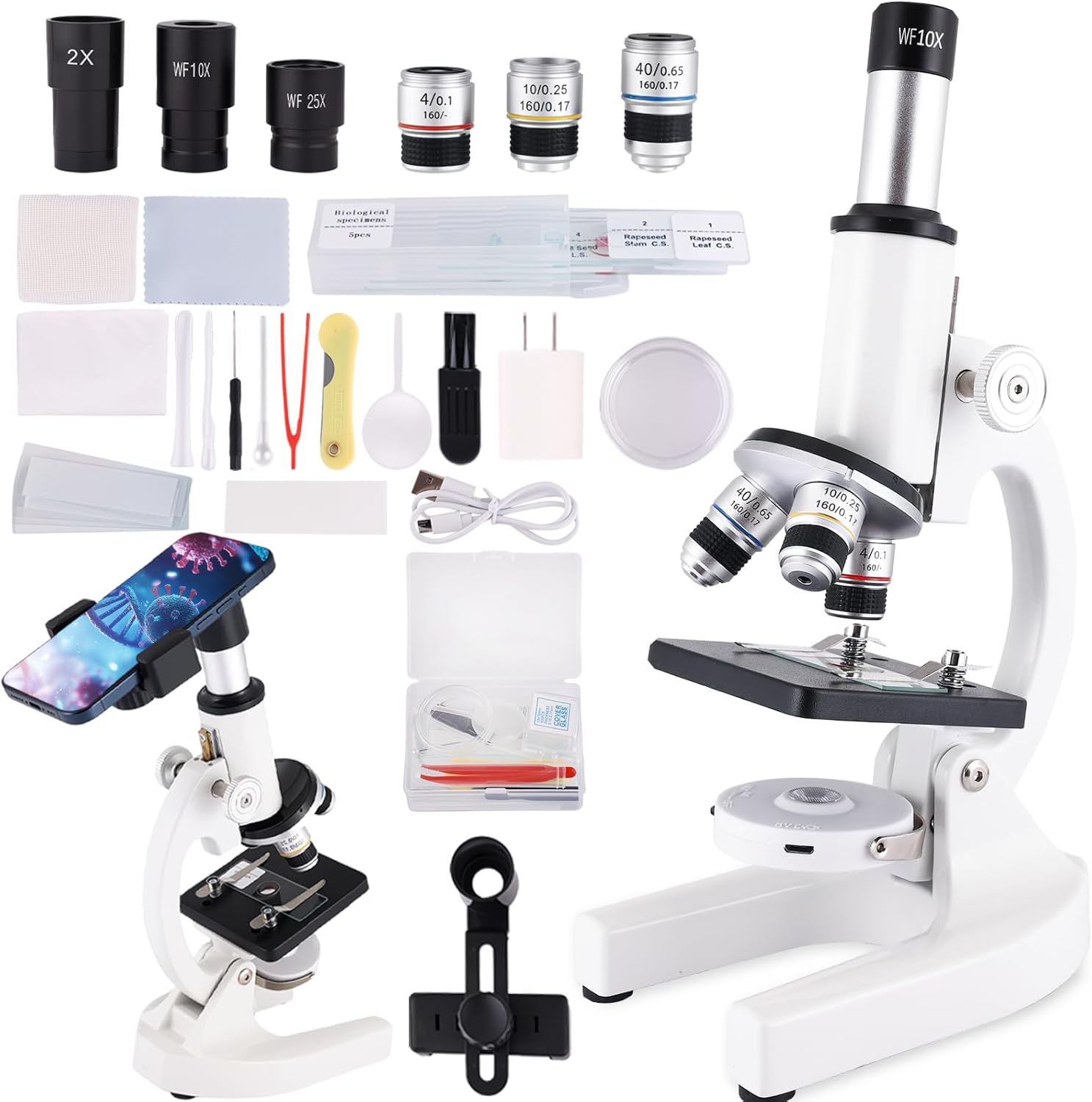 Microscope for Kids & Adults,40X-2000X Magnification.Equiped with Slides Set & Phone Adapter,Suitable for Students School Labs and Home Education(White)