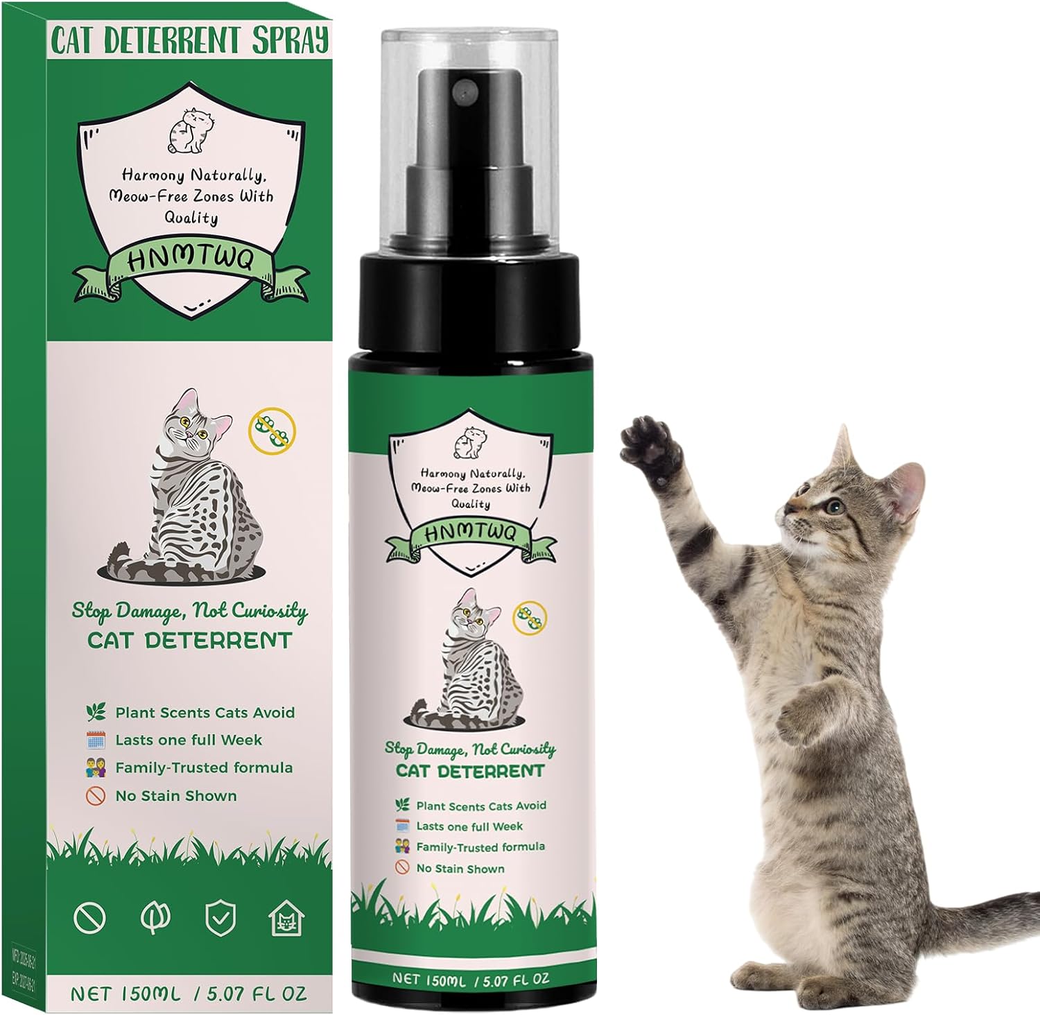 Cat Deterrent Spray-(150ml), Natural Safe Cat Repellent Indoor and Outdoor, Safe Indoor & Outdoor Deterrent for Furniture Protection, Effectively stops cat from scratching sofas, carpets and curtains.