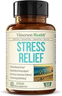 Stress Relief Supplement with 5HTP, Ashwagandha, Valerian, St John’s Wort, GABA, Chamomile & B-Vitamins - Promotes Relaxation, Sleep, Calm & Balanced Mood, Energy & Focus. Vegan, Non-GMO, 60 Capsules