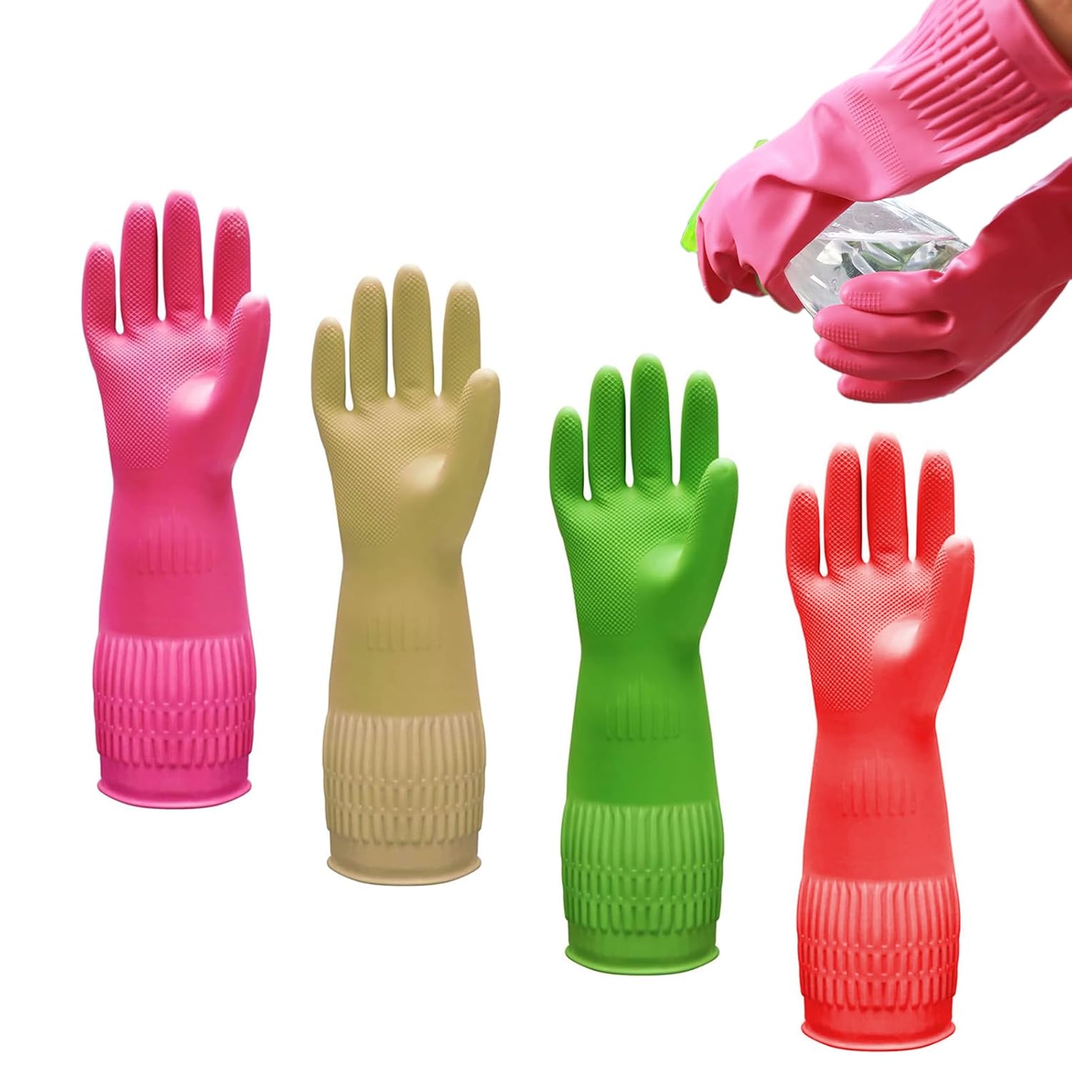 Vernerth Rubber Gloves Medium – 4 Pairs Durable Heavy Duty Washing Up Gloves, Extra-Long Waterproof Cleaning Gloves with Anti-Slip Grip, Soft Lining for Dishwashing, Gardening, Car Wash & More