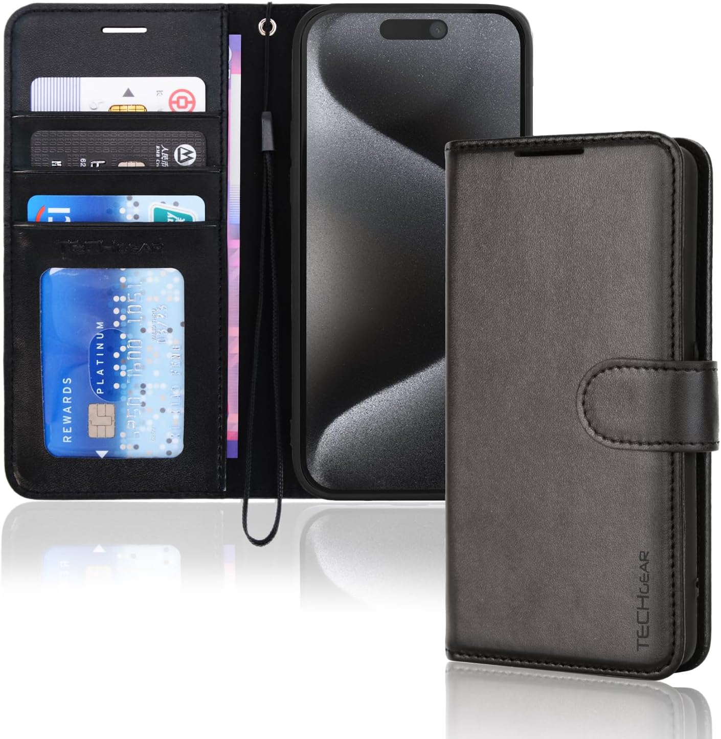 TECHGEAR iPhone 15 Pro Leather Wallet Case, Flip Protective Case Cover with Wallet Card Holder, Stand and Wrist Strap - Black PU Leather with Magnetic Closure Designed for iPhone 15 Pro 6.1"