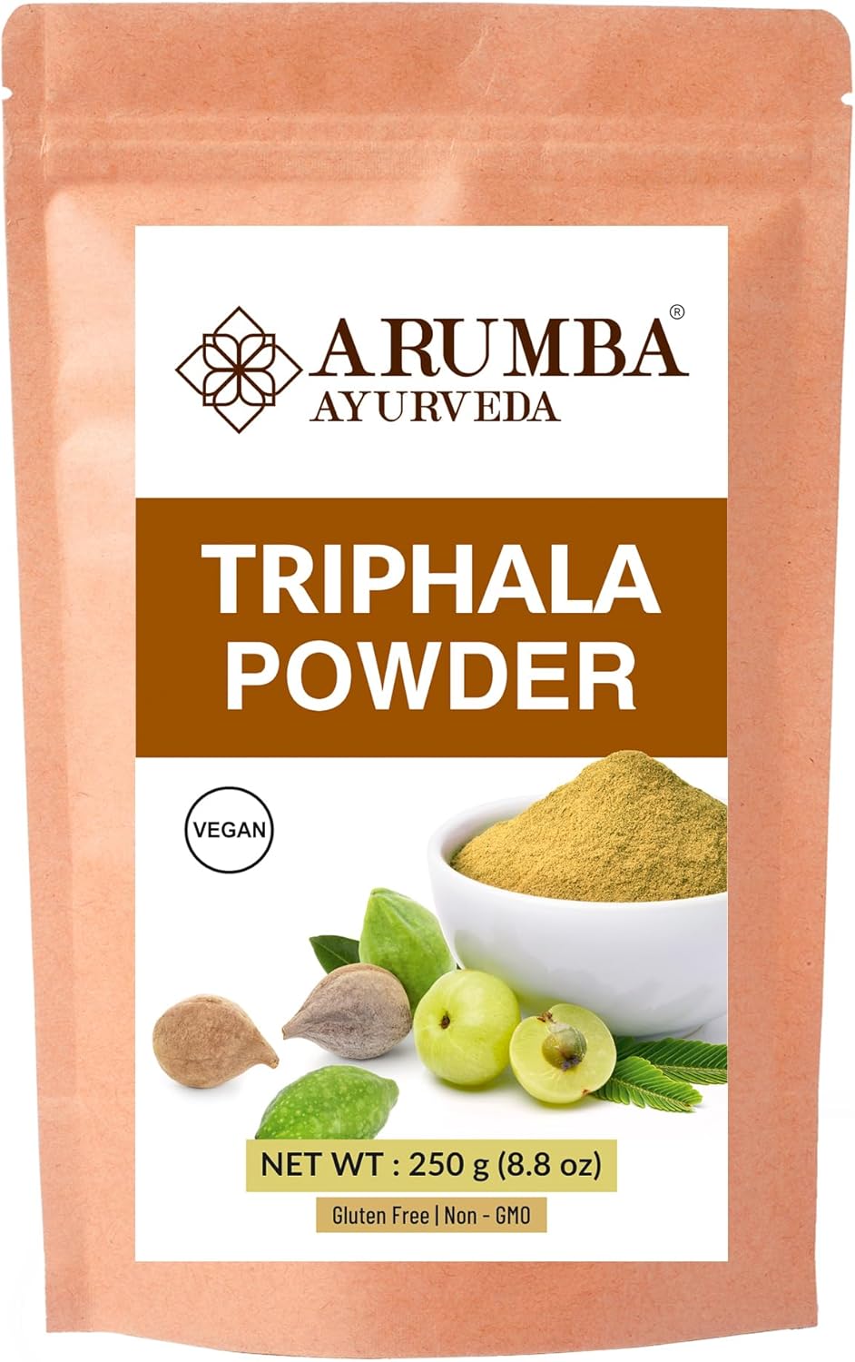 Arumba Ayurveda Triphala Powder 250 Grams for Constipation Relief, Haritaki, Bibhitaki, Amla, Cleanse Vitamin C, Digestion