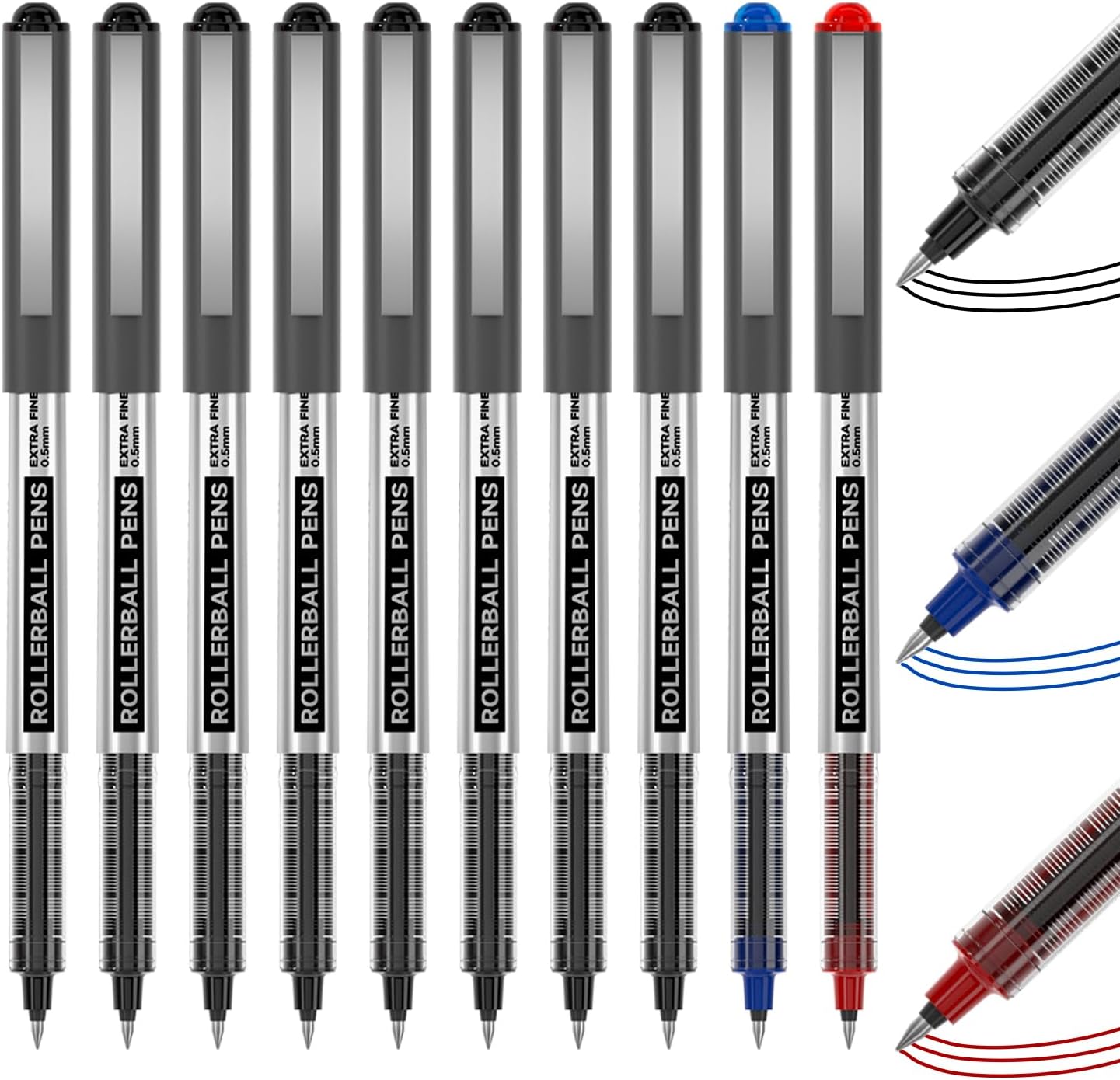 Shuttle Art Rollerball Pens, 10 Pack (8 Black, 1 Blue, 1 Red) 0.5mm Liquid Ink Pens, Quick Drying & Long Lasting Extra Fine Point Pens for Writing, Journaling, Notes Taking School Office Supplies