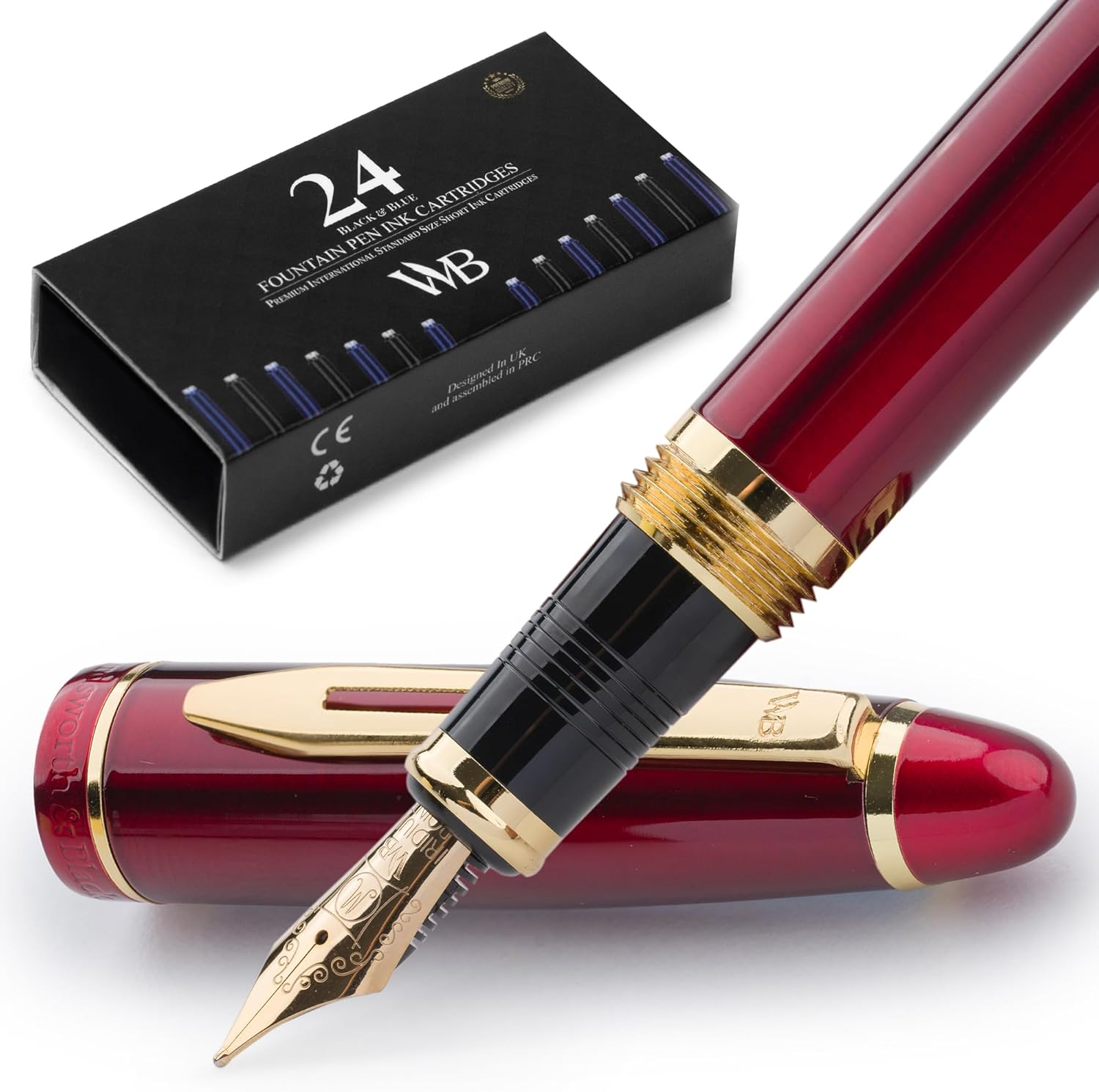 Wordsworth & Black Majesti Fountain Pen-(Red), Luxury Case, Gold Finish, 18K Gilded Medium Nib- Ink Cartridges, Refillable Ink Converter-Calligraphy Pen-Best Business Gift Set for Men & Women