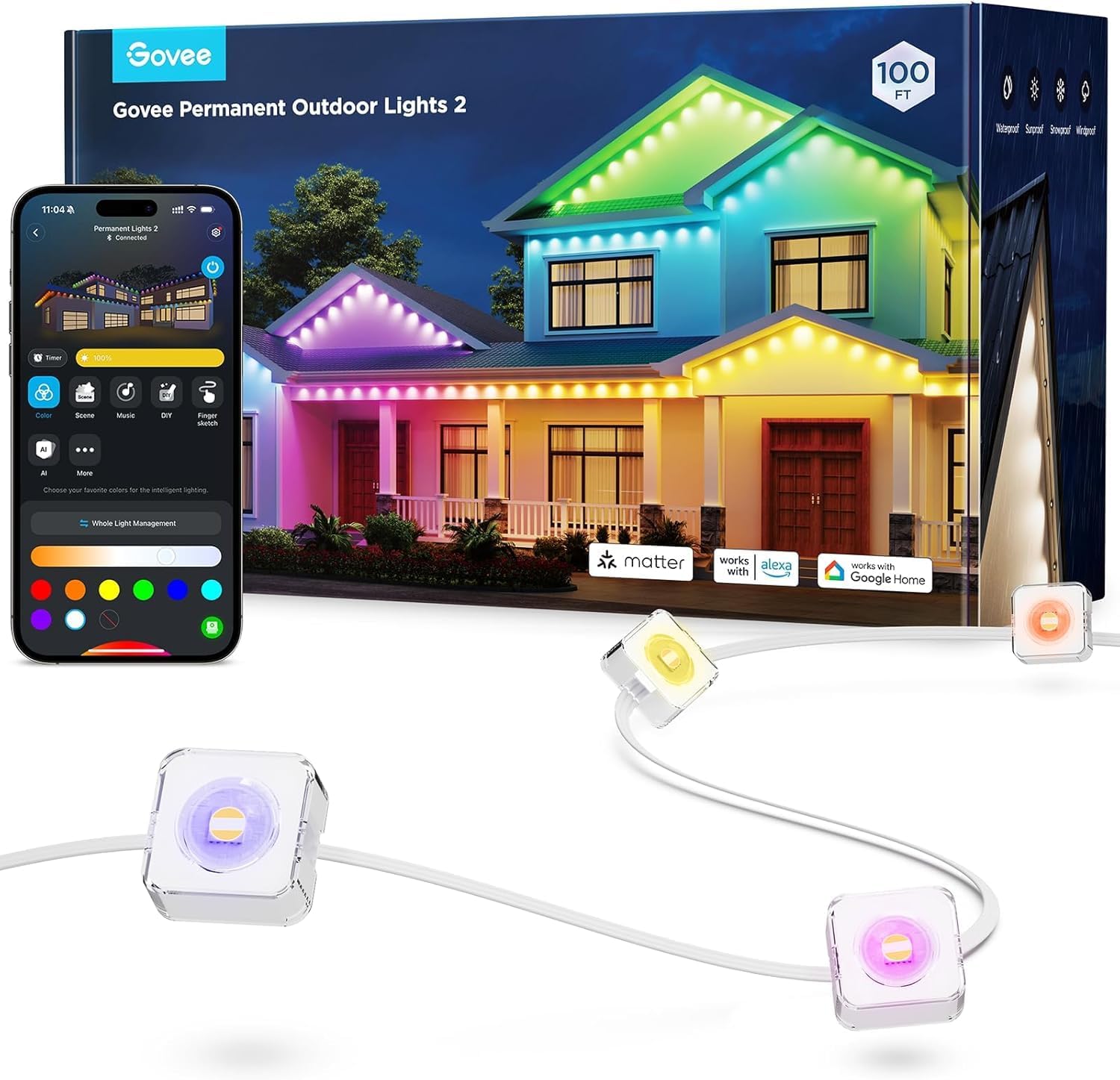 Govee Permanent Outdoor Lights 2, 30M RGBIC Outdoor Lights with 72 LED, 40lm, IP67 Waterproof Smart LED Eaves Lighting, 100 Scene Modes for Decor, Work with Alexa, Google Assistant, White