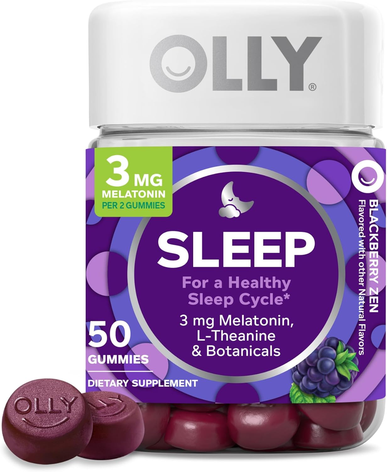 OLLY Sleep Gummy, Occasional Sleep Support, 3 mg Melatonin, L-Theanine, Chamomile and Lemon Balm Extracts, Sleep Supplement, Blackberry Flavor - 50 Count