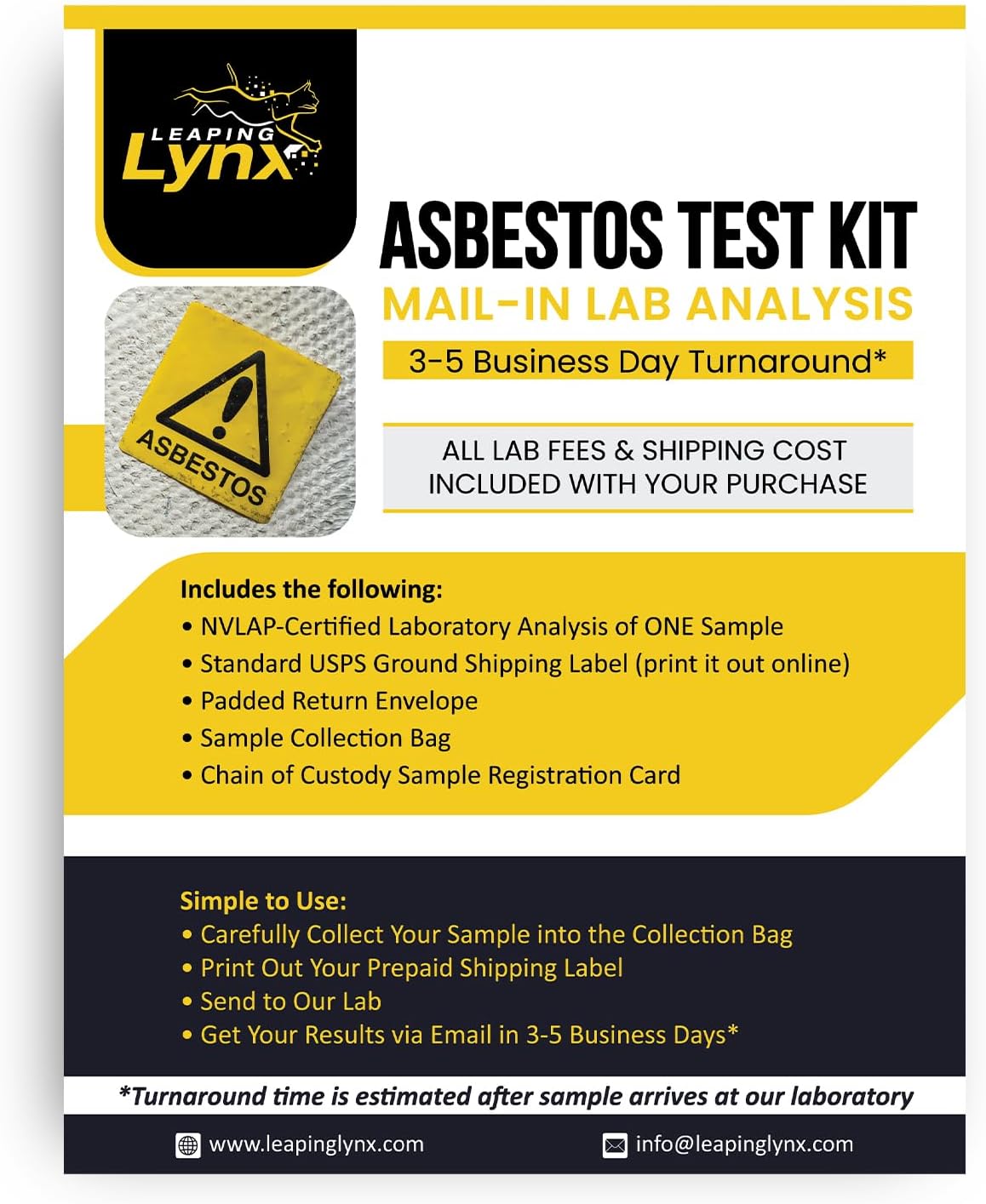 Asbestos Test Kit for Home, NVLAP Lab Test Fee & Shipping Label Included, 72-Hour Results, Certified DIY Asbestos Testing Kit with Easy Instructions & Fast Turnaround, Popcorn Ceilings, Tiling, & More