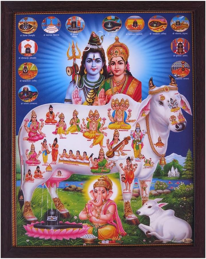 SANVIKA Lord Shiva Wall Poster, Indian God Wall Decor, Shiv Parvati Photo Framed For Home/Office, Hindu God Photos With Frames, (Shiva Parvati Ganesha With Nandi, 12" x 9")