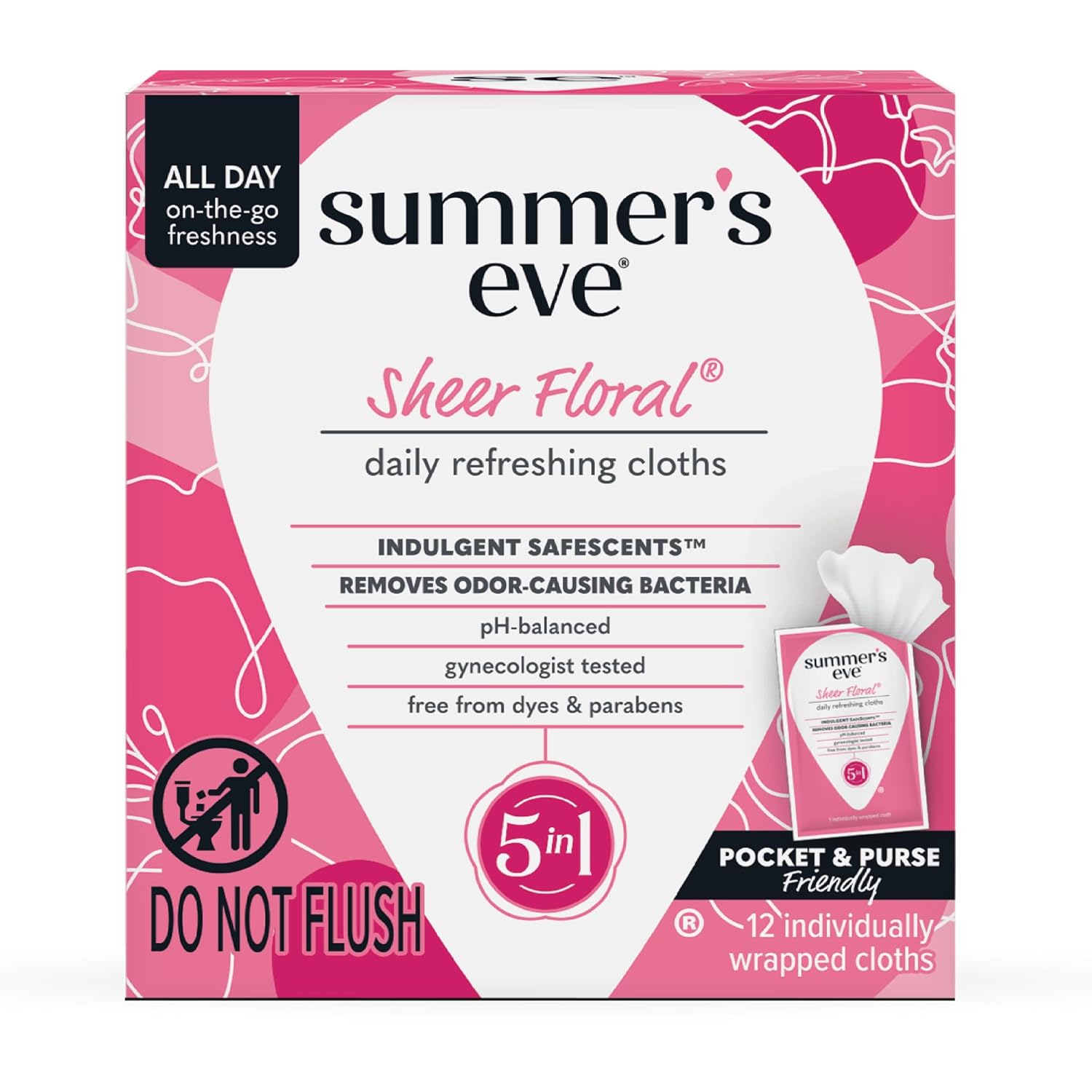 Summer's Eve Sheer Floral Daily Refreshing Feminine Wipes, Removes Odor, pH Balanced, 12 Count, 1 Pack