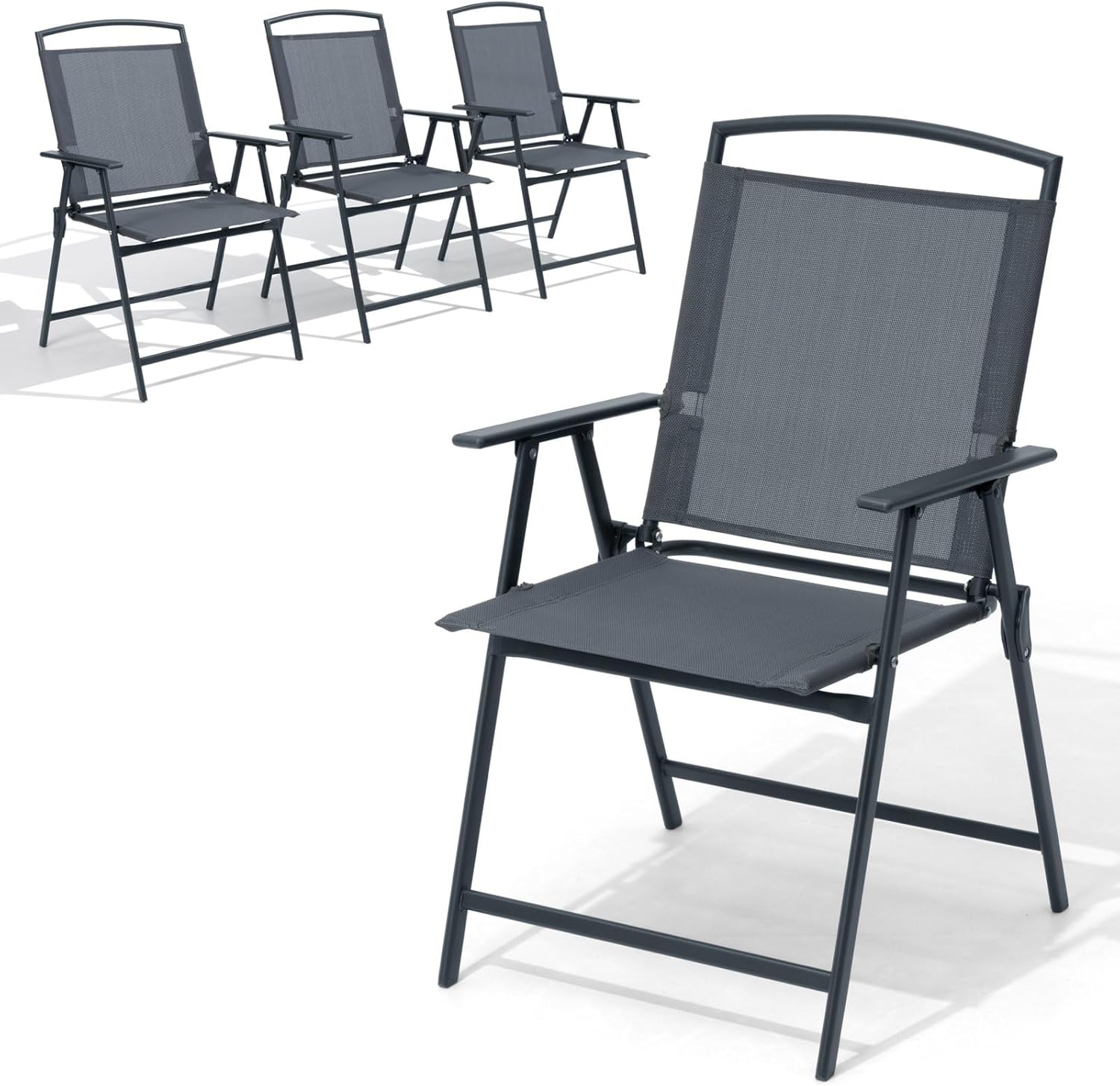 Crestlive Products Set of 4 Patio Folding Chairs 4-Pack Dining Chairs Outdoor Portable Sling with Armrest for Camping, Beach, Garden, Pool, Backyard, Deck(Grey)