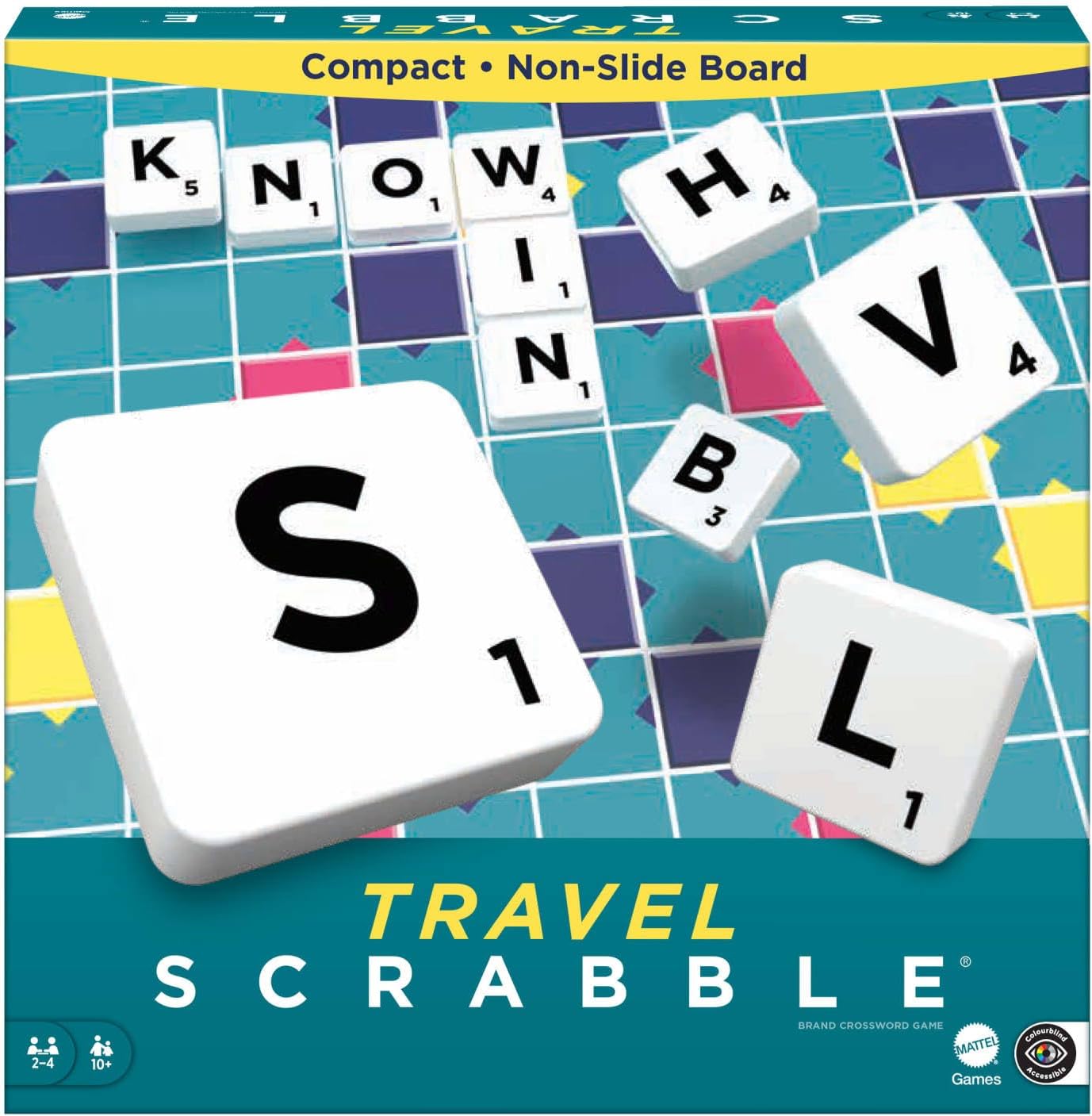 Mattel Games Scrabble Travel Game, Portable and Compact, 2-4 Players, Includes Playing Board, 4 Racks, 100 Letter Tiles, a Tile Bag, and Rules, UK Version, 10Y+, CJT11