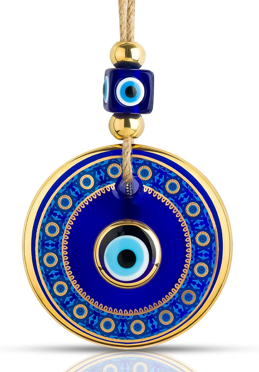BCS Blue Evil Eye Wall Decor Gold Border Design 4.3" Glass Evil Eye Hanging Ornament for Home, Garden, Door, Office Turkish Greek Handmade Nazar Amulet Good Luck and Protection Charm - Ojo Turco