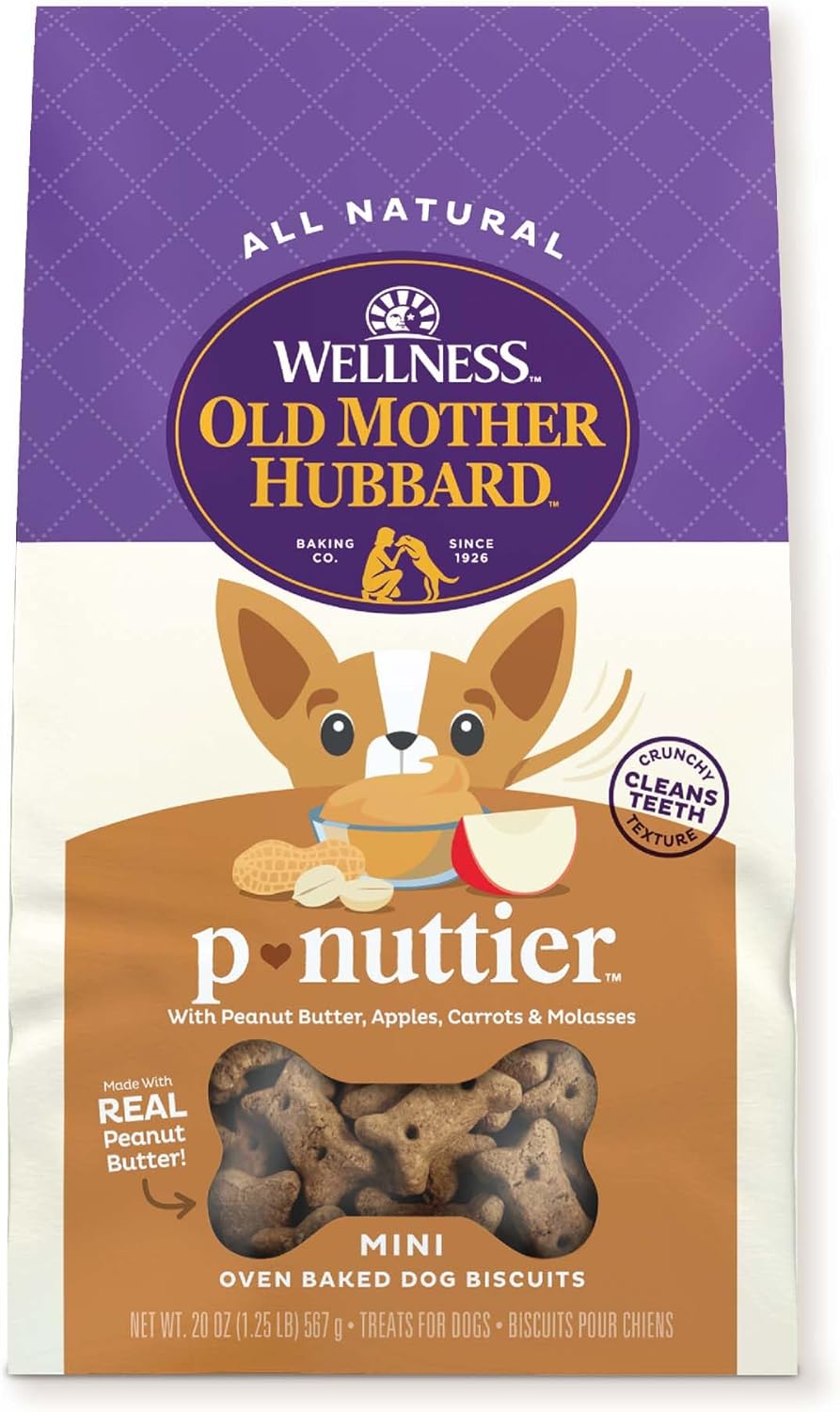 Wellness Old Mother Hubbard Classic P-Nuttier Natural Dog Treats, Crunchy Oven-Baked Biscuits, Ideal for Training, Mini Size, 20 ounce bag