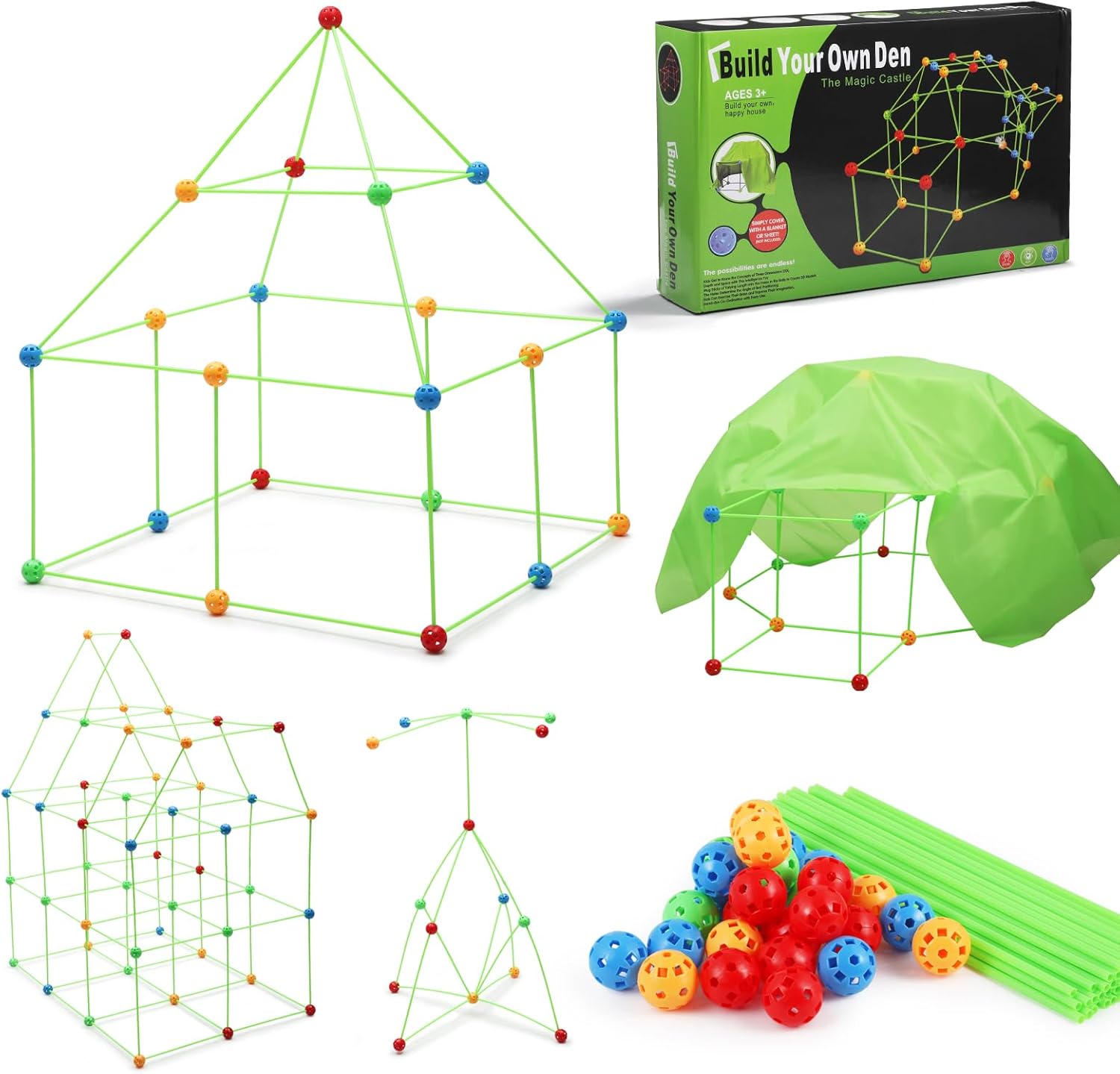 Kids Fort Building Kits, 175 Piece Construction Toys for Kids 5+, Den Building Kit DIY Play Tent Indoor & Outdoor, Build your Own Den, STEM Building Toys, Creative Fort, Secret Base, Play House Toy