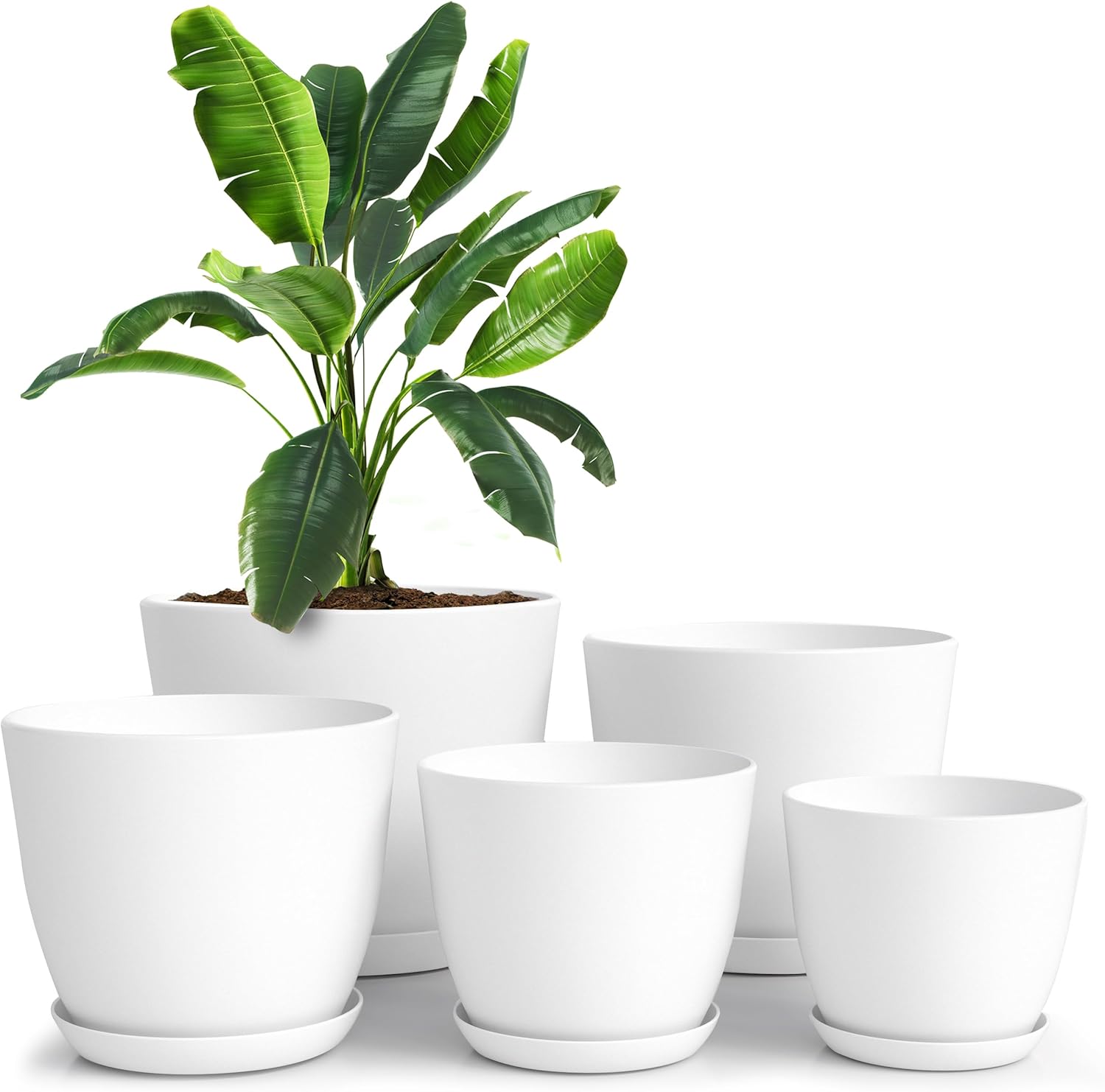 Utopia Home Plant Pots Indoor with Drainage Holes – Set of 5 White Plastic Flower Pots (7/6.6/6/5.3/4.8 Inch) – Modern Planters for Indoor Plants, Room & Office Décor, Great Stocking Stuffers