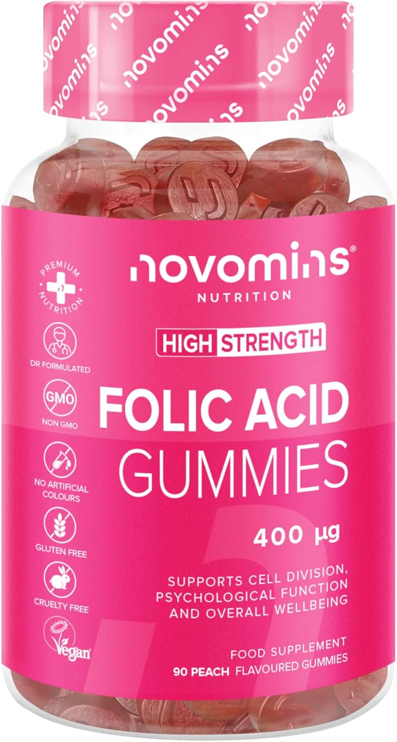 Folic Acid Gummies 400 MCG - 3 Month Supply - Folic Acid High Strength - Prenatal Gummies Health & Maternal Tissue Growth During Pregnancy - Novomins