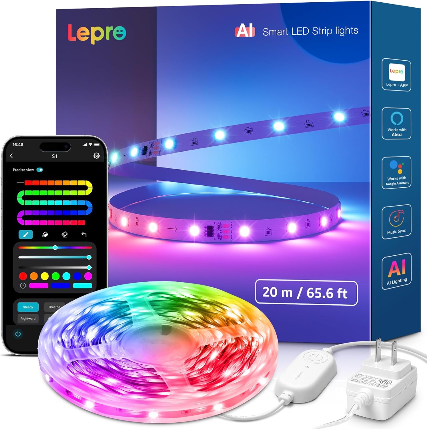 Lepro S1 AI LED Strip Lights for Bedroom - 65.6ft Smart RGB Light Strips with IC and Rainbow Chasing Effects, Color Segment DIY, Personalized Al Lighting Designer, No Remote, 2.4G Wi-Fi & Bluetooth