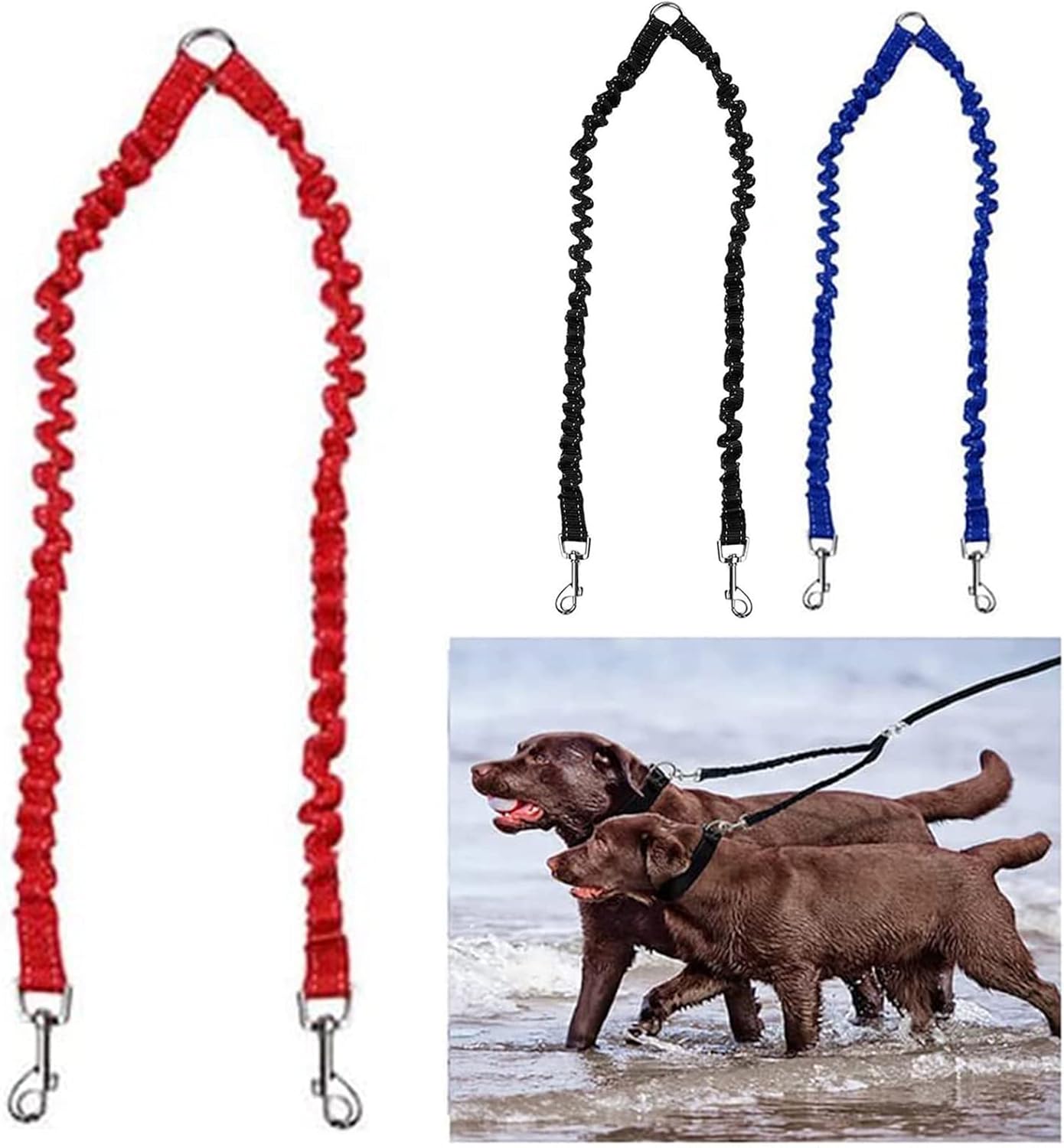 Bungee Double Dog Lead No Tangle Two 2 Dog Leash Coupler, For Walking Puppy, Small, Medium, Large dog, Adjustable 19.6 to 31.4 Inches (Red)