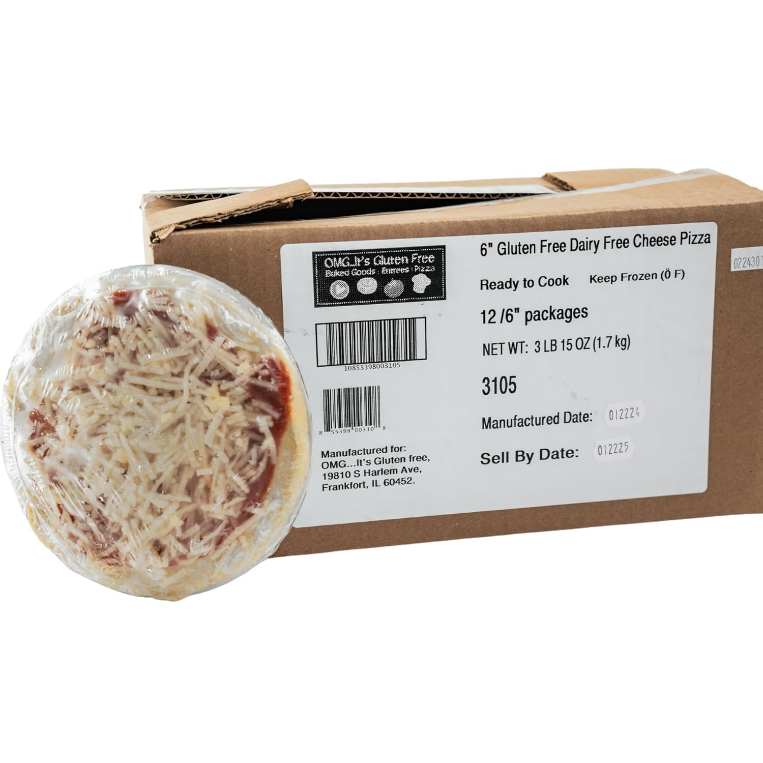 OMG It's Gluten Free Cheese Pizza, Dairy Free, 6 Inch, 12 Count, 6 oz Each, Frozen