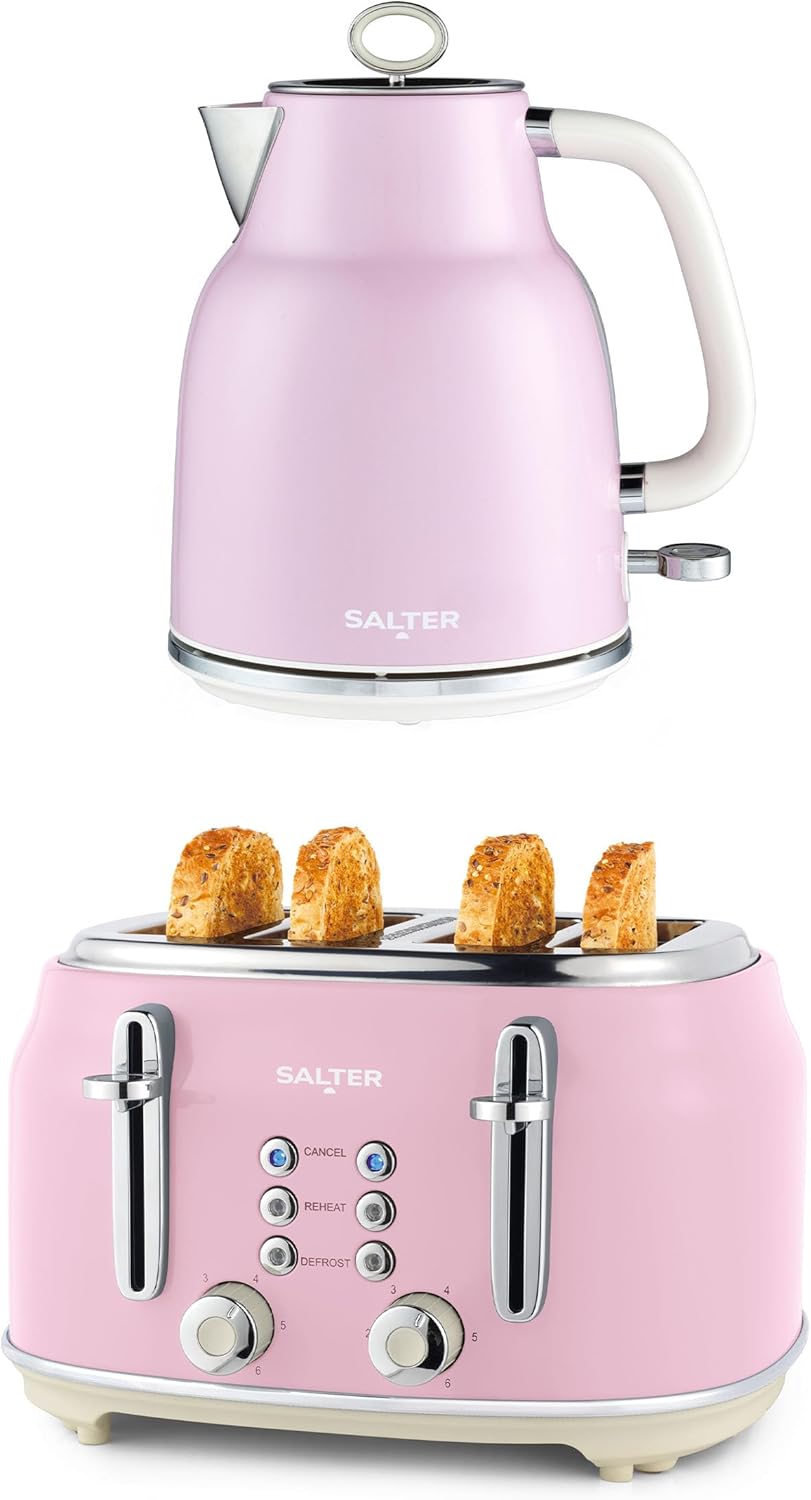 Salter Retro Pink Kettle & Toaster Set – 1.7L Fast Boil Kettle with Removable Limescale Filter, 4-Slice Wide Slot Toaster for Thick Bread/Bagels, Blue Indicator Lights, Vintage Design, 3kW/1630W